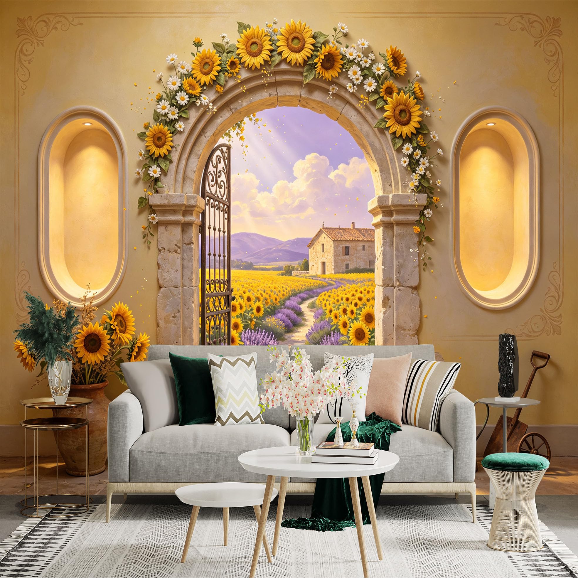 Custom Size Wall Sticker Mural， Sunflower Archway， Rustic Cottage， Lavender Path， Countryside Landscape， for wall Decoration， peelandstick wall Decals.