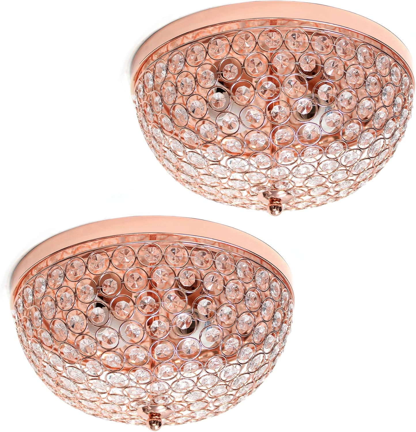 Elegant Designs FM1000-RGD-2PK Elipse Crystal 13 Inch Modern Metal 2 Light Bowl Shaped Ceiling Flush Mount Fixture 2 Pack, Rose Gold