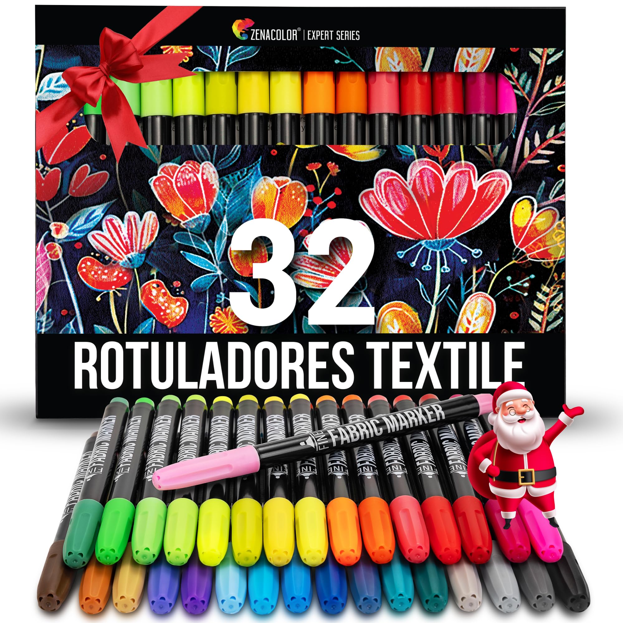 Zenacolor 32 Rotuladores Textiles - Pintura Textil Permanente y Lavable - No Tóxica y Indeleble, Pintura Para Tela con Punta Fina - Perfecto para Camisetas, Bolsas, Tote Bag - Para Niños y Adultos