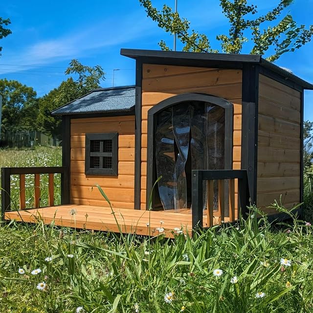 Foto 2 de 8 de Caseta para perro Border Collie con techo de tejas abatible y terraza Tamaño L