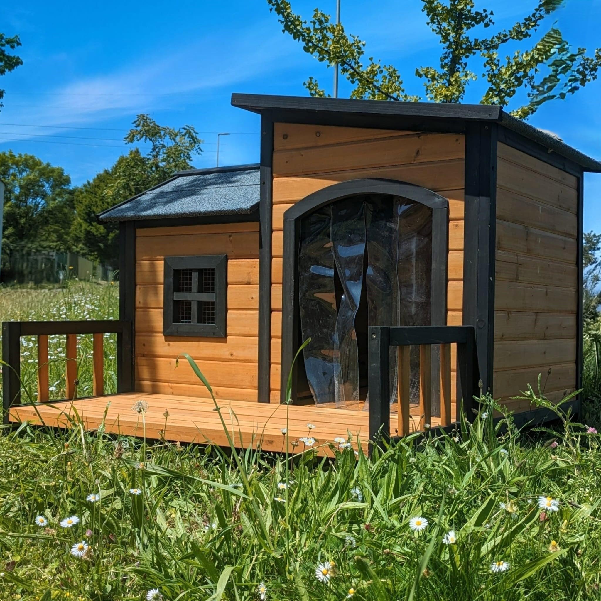 Caseta para perro Border Collie con techo de tejas abatible y terraza Tamaño L