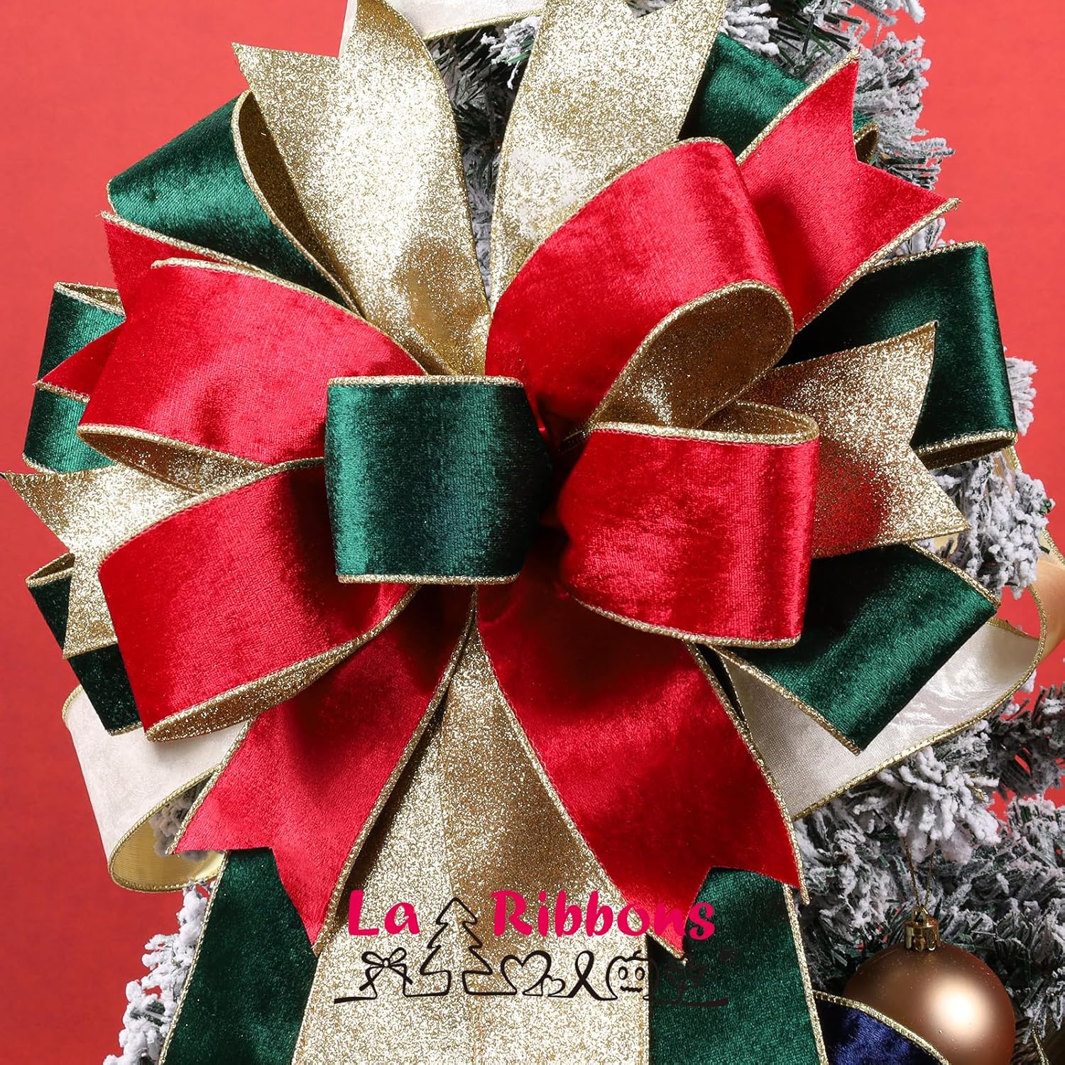 LaRibbons Christmas Velvet Ribbon Wired 2.5 Inches Wide (2 Rolls 20 Yards TTL) Double Faced Red Green and Gold Glitter Velvet Ribbon for Christmas Tree Garland, Gift, Bow, Home Decor