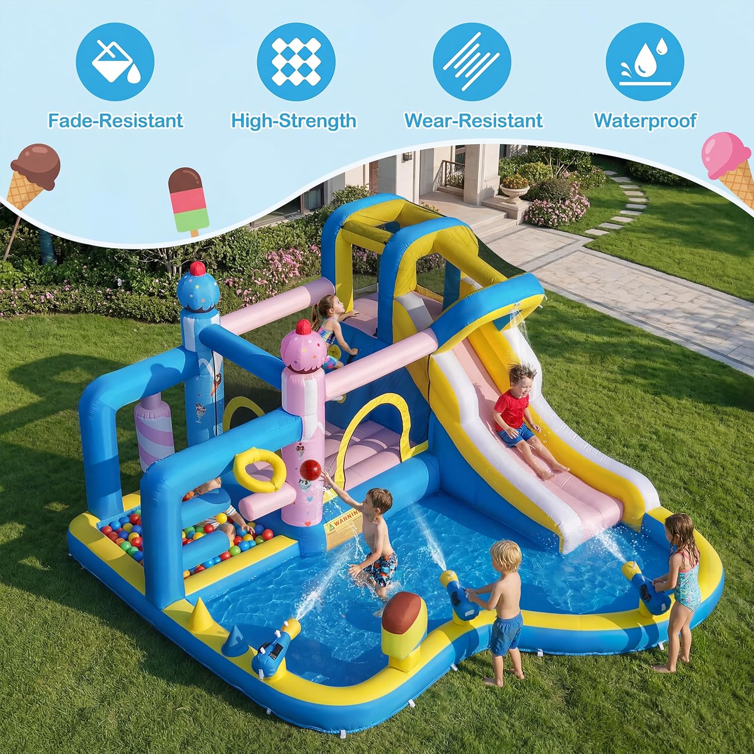 TOAOB Inflatable Water Slide for Kids 3-12: Blow Up Bounce House Backyard Water Park with 480W Blower- 10 in 1 with Pool for Outdoor Birthday Party