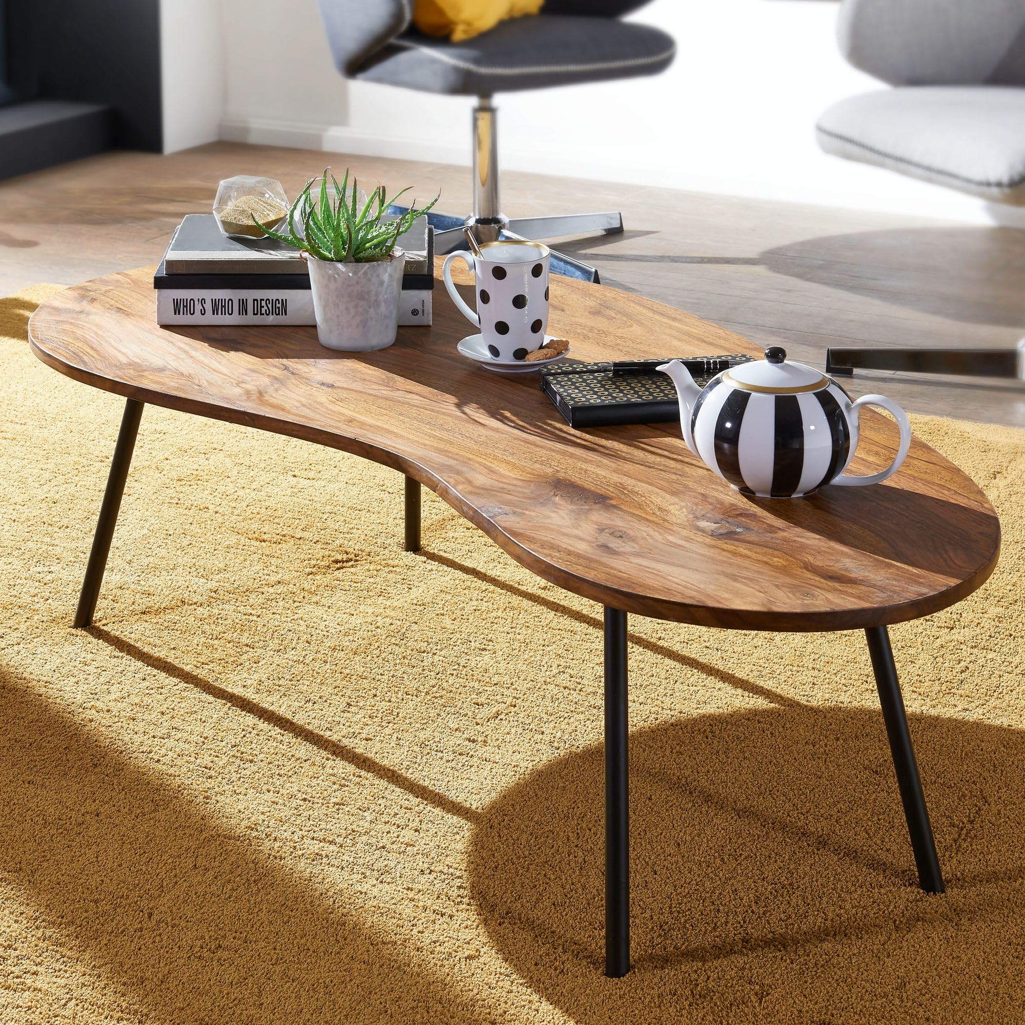 FineBuy Couchtisch 122x63x36 cm Sheesham Massivholz, Nierentisch