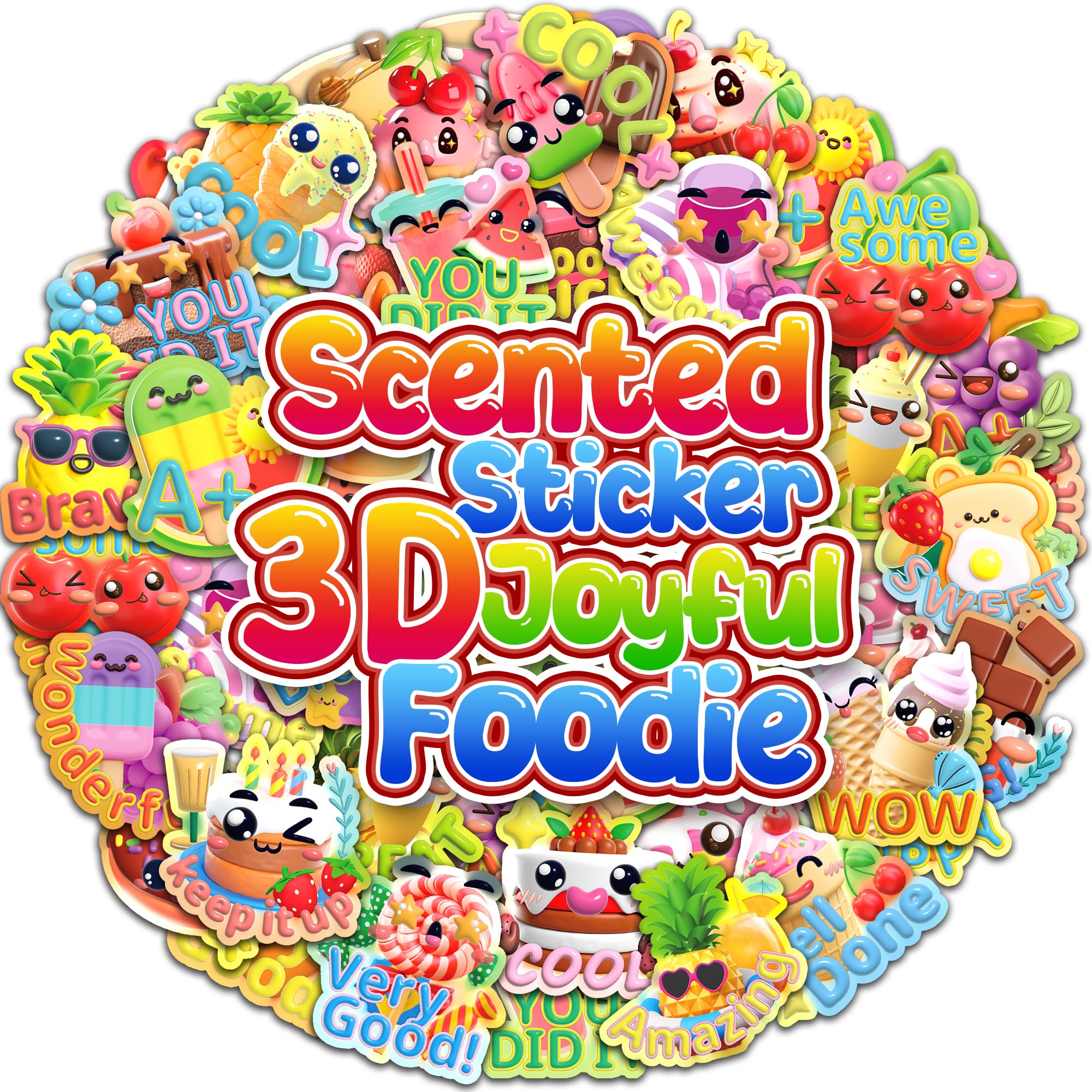 HORIECHALY 240 Pcs 3D Large Food Scratch and Sniff Stickers, Motivational Reward Scented Sticker for Kids & Teachers, Smelly Stickers for Classroom, Birthday, Student Party, School