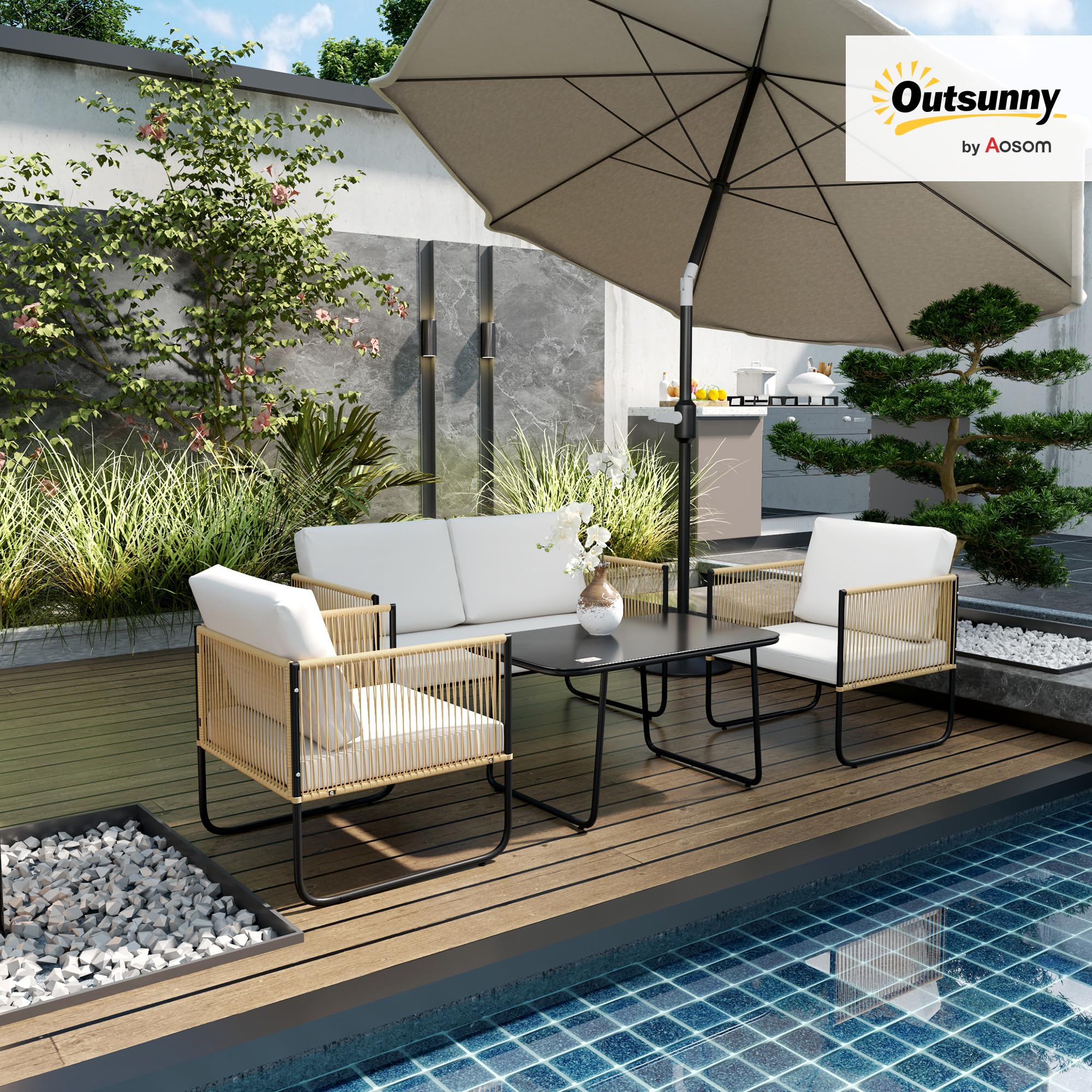 Outsunny Set di Mobili da Giardino in Rattan 4 Pezzi Color Legno e Crema | Salotto da Esterno, Divano a 2 Posti, 2 Poltrone, Tavolino Basso Rettangolare, Cuscini Lavabili, in Acciaio