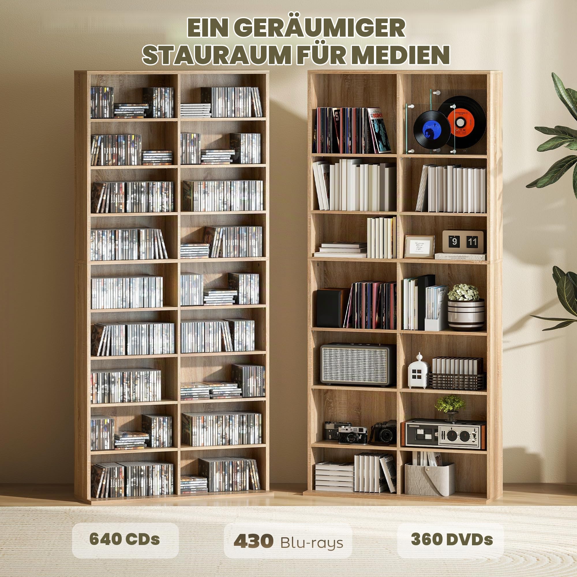 HOMCOM CD- und DVD-Aufbewahrung, Multimedia-Aufbewahrungsmöbel, max. Kapazität 640 CDs/360 DVDs und 430 Blu-ray, 18 Fächer 14 verstellbare Regale, für Wohnzimmer, Schlafzimmer, 78,5x24x175cm,