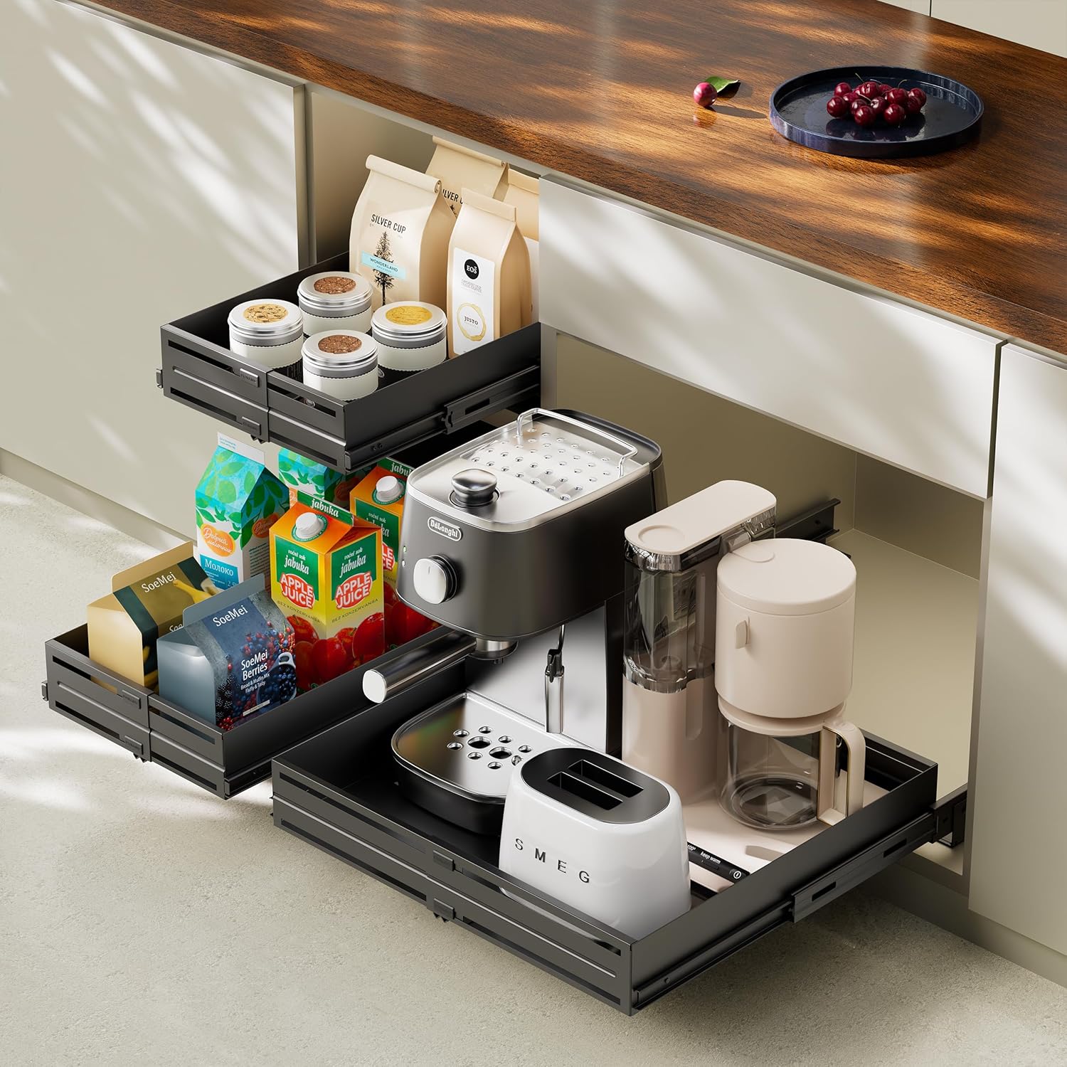 Pull Out Cabinet Organizer, Expandable Width 13"-22", Heavy Duty Metal Slide Out Drawers for Cabinets, Expandable Cabinet Pull Out Shelves for Kitchen, Pantry, Bathroom, Black