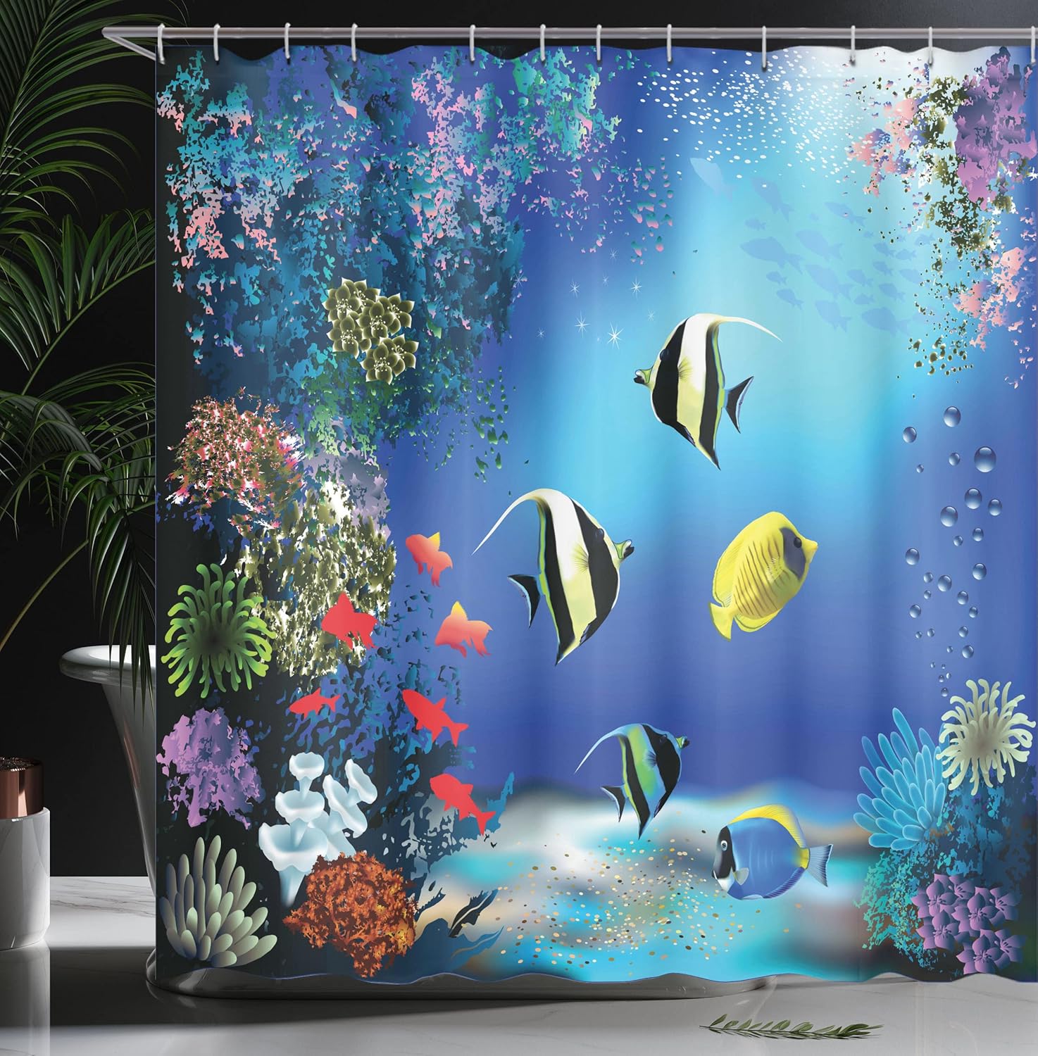 Ambesonne Underwater Shower Curtain, Tropical Undersea Colorful Fishes Swimming in The Ocean Coral Reefs Image, Cloth Fabric Bathroom Decor Set with Hooks, 69" W x 70" L, Blue