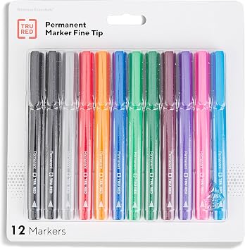 TRU RED Permanent Markers, Fine Tip, Assorted Colors, 12 Pack Precision PenStyle Markers for Writing, Labeling & Office Use