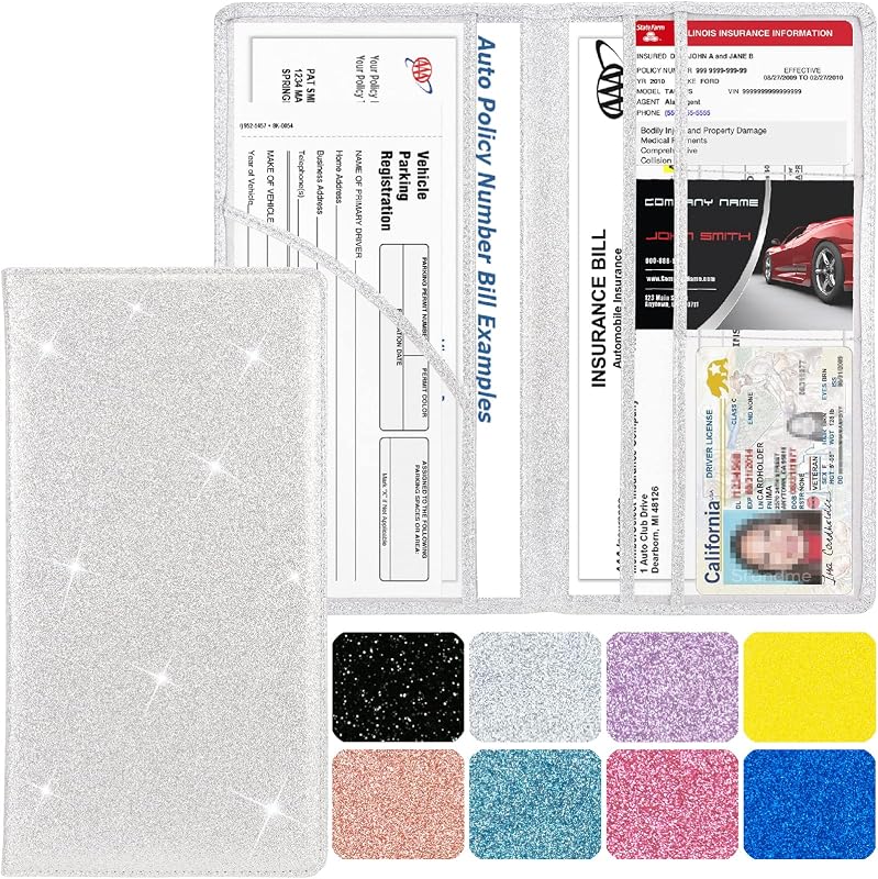 Porta-Documentos Automotivo para Documento do Veículo e Seguro em Couro PU com Fechamento Magnético, Glitter Silver, 6 Compartimentos
