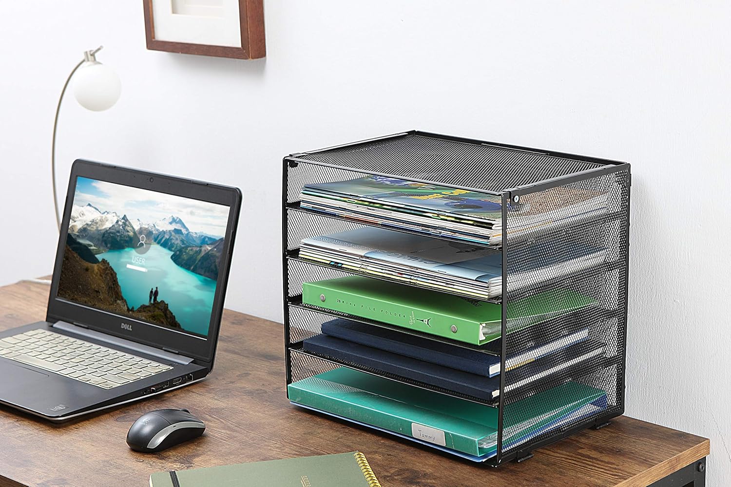 Desk File Organizer, Desktop Wire Mesh Sorter with 5 Compartments and 4 Retractable Trays for Mail, Papers, Letters, Folders and Binders. Office Accessories. Black