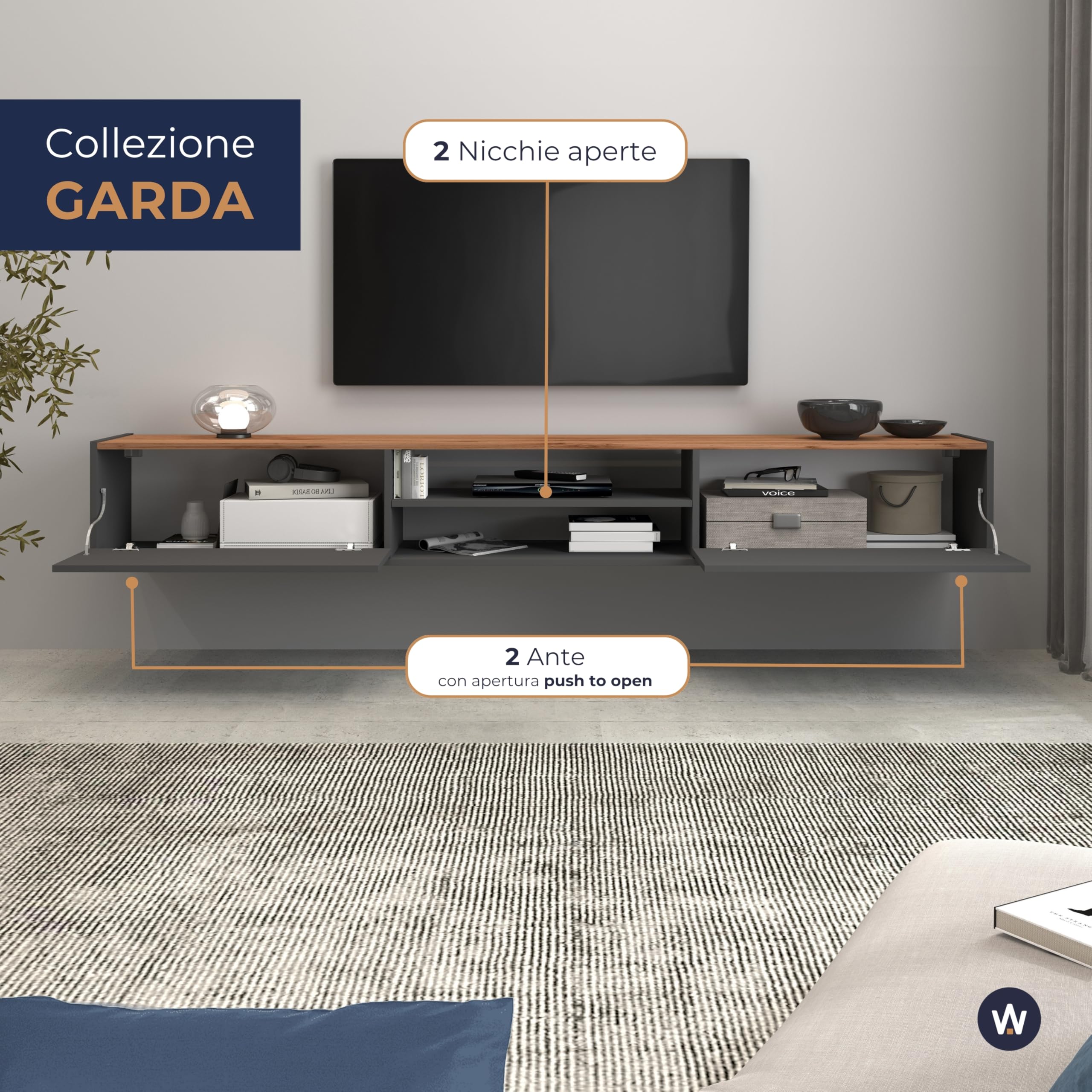 WHOUS Mobile Porta TV Sospeso GARDA per Soggiorno con 2 Ante a Ribalta e 1 Ripiano Centrale, Mobile Tv a Parete per Salotto, 210x35x30 cm, Antracite Opaco e Rovere