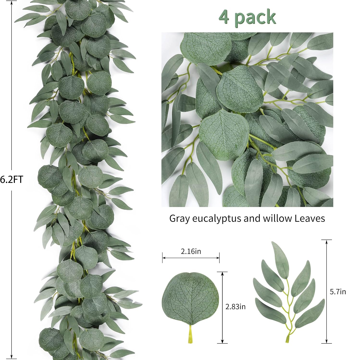 4 Packs 6.2 Ft Artificial Silver Dollar Eucalyptus Leaves Garland with Willow Vines Twigs Leaves String for Doorways Greenery Garland Table Runner Garland Indoor Outdoor.（Gray Leave）