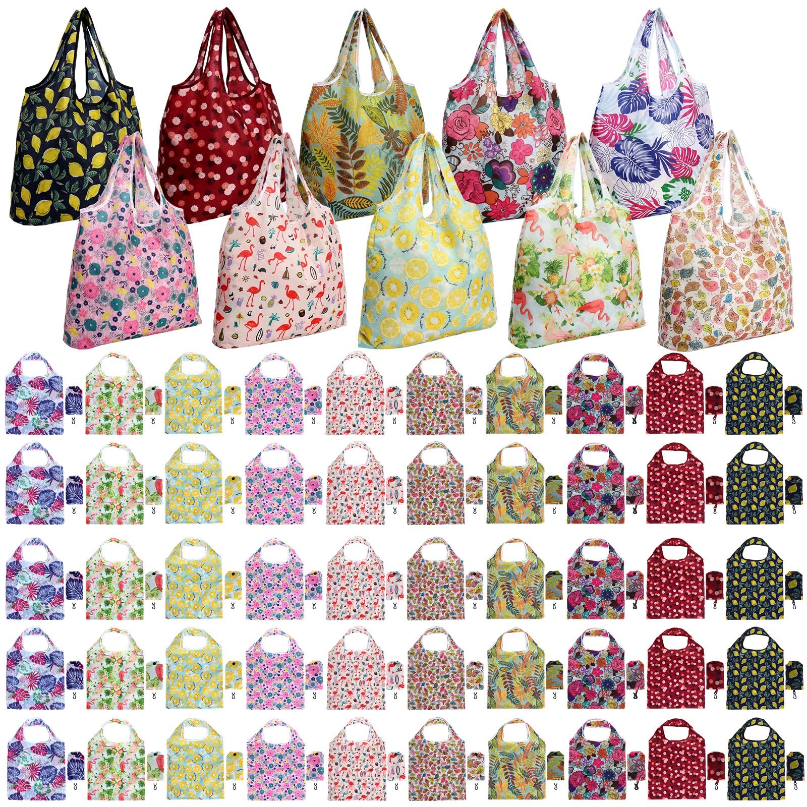 Tanlade 50 Pcs Reusable Grocery Shopping Bags Large Foldable Tote Bag with Handle Washable Bag Heavy Duty with Pouch Attached