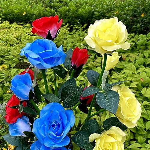 Miniatura 6 de FELISHINE Paquete de 2 luces solares para exteriores, 10 rosas grandes, luces LED solares realistas para jardín, impermeables, 7 luces solares que
