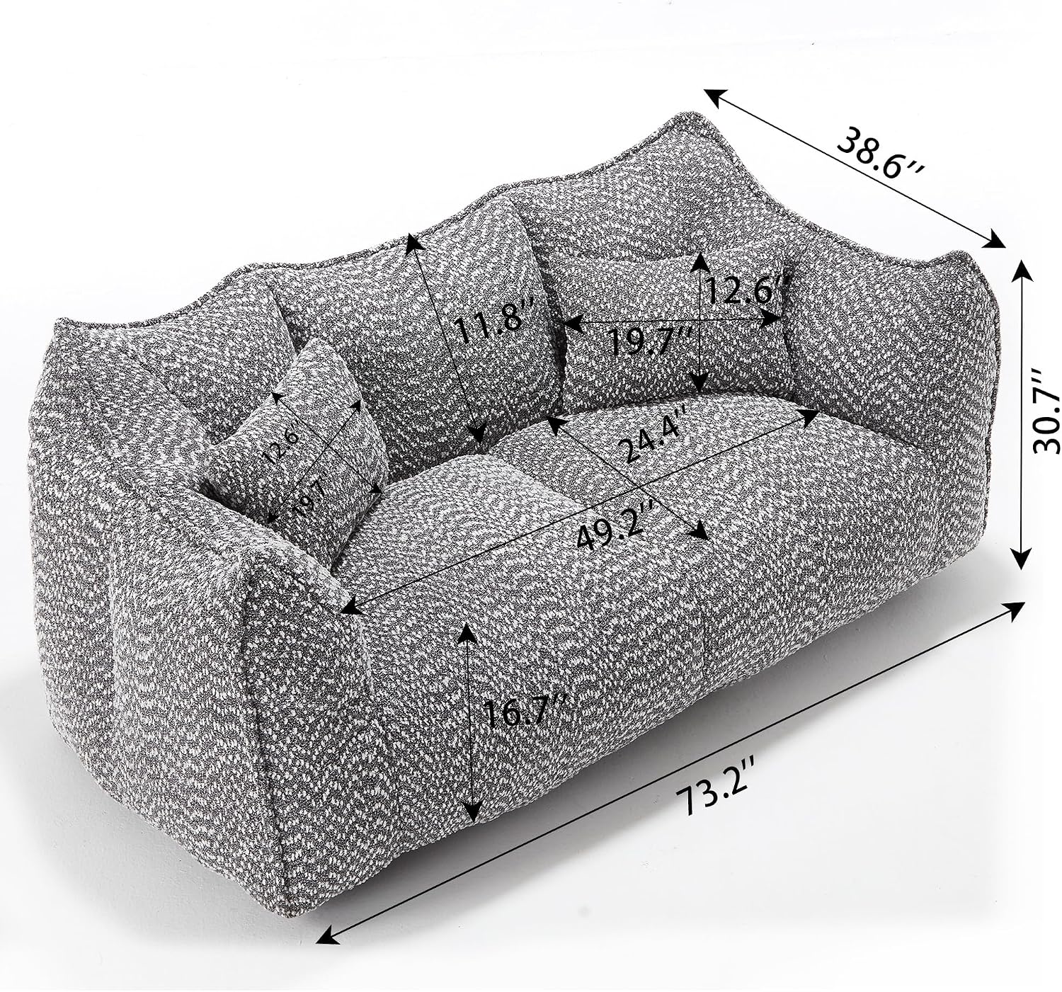 73" W Chenille Beanbag Chair, 2-Seater Bean Bag Sofa with Spacious Design, Loveseat Fireside Chair for Adults, Compression Sofa with 2 Pillows for Living Room, No Assembly Required (Grey)