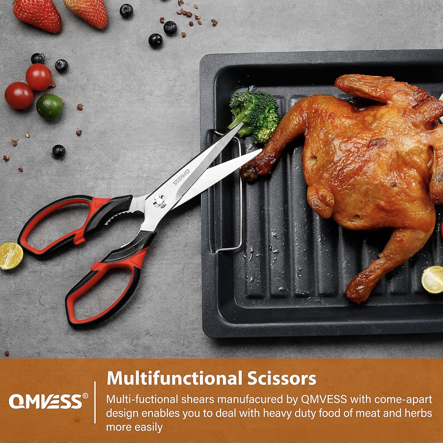 QMVESS Kitchen Scissors 2-Pack Kitchen Shears Heavy Duty, Ultra Sharp Stainless Steel Food Scissors Multipurpose Meat Scissors Dishwasher Safe for Chicken, Fish, Meat, Vegetables, Herbs, BBQ