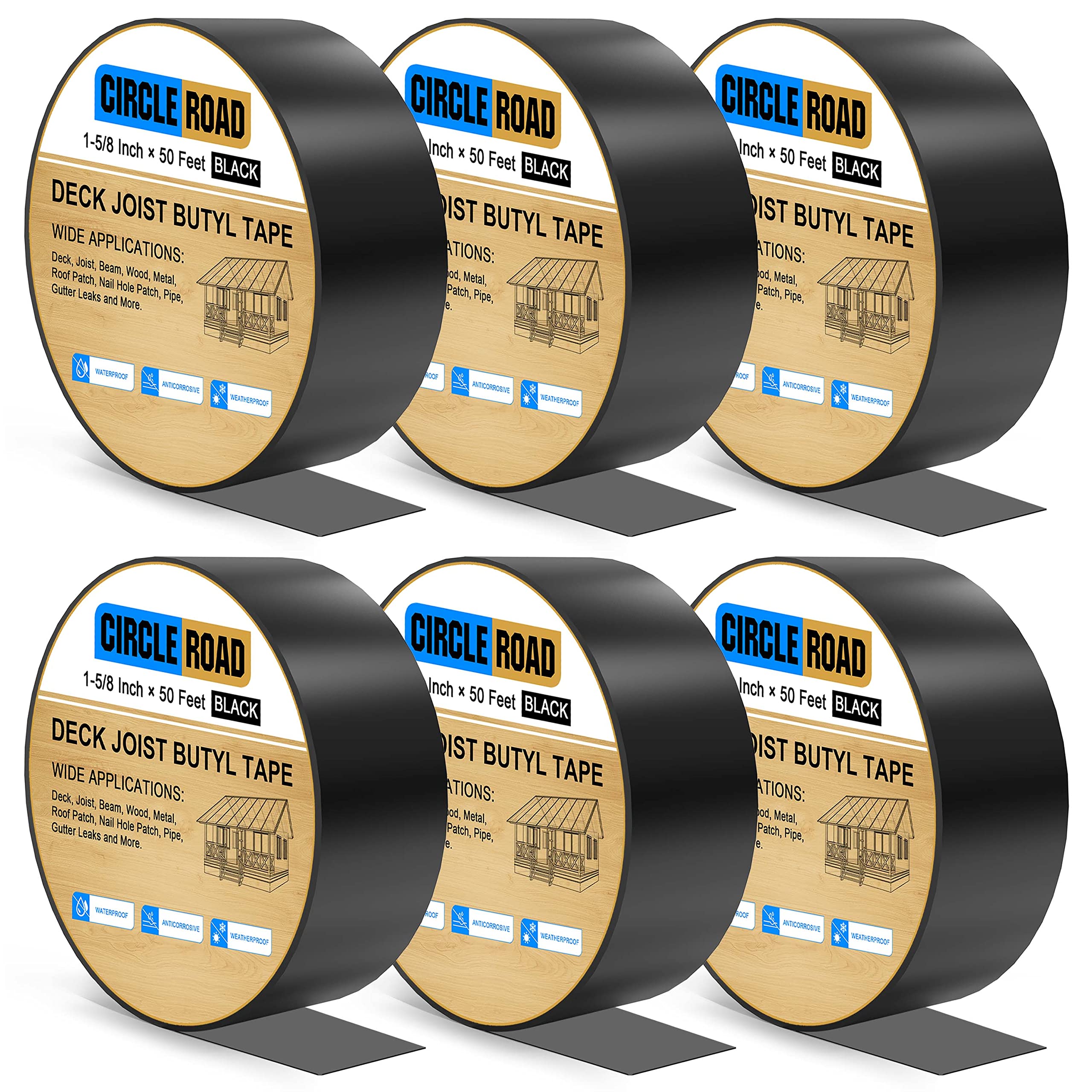 CircleRoad Deck Joist Butyl Tape 1-5/8 Inch 50 Feet 6 Rolls, Butyl Flashing Tape for Beams, Seal Butyl Joist Tape for Flashing Deck Joists and Beams, Anticorrosive Waterproof Black