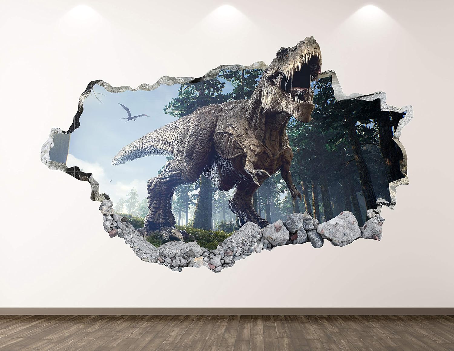 Dinosaur Wall Decal Art Decor 3D Smashed Wild T-Rex Sticker Poster Kids Room Mural Custom Gift BL176 (42"W x 24"H)