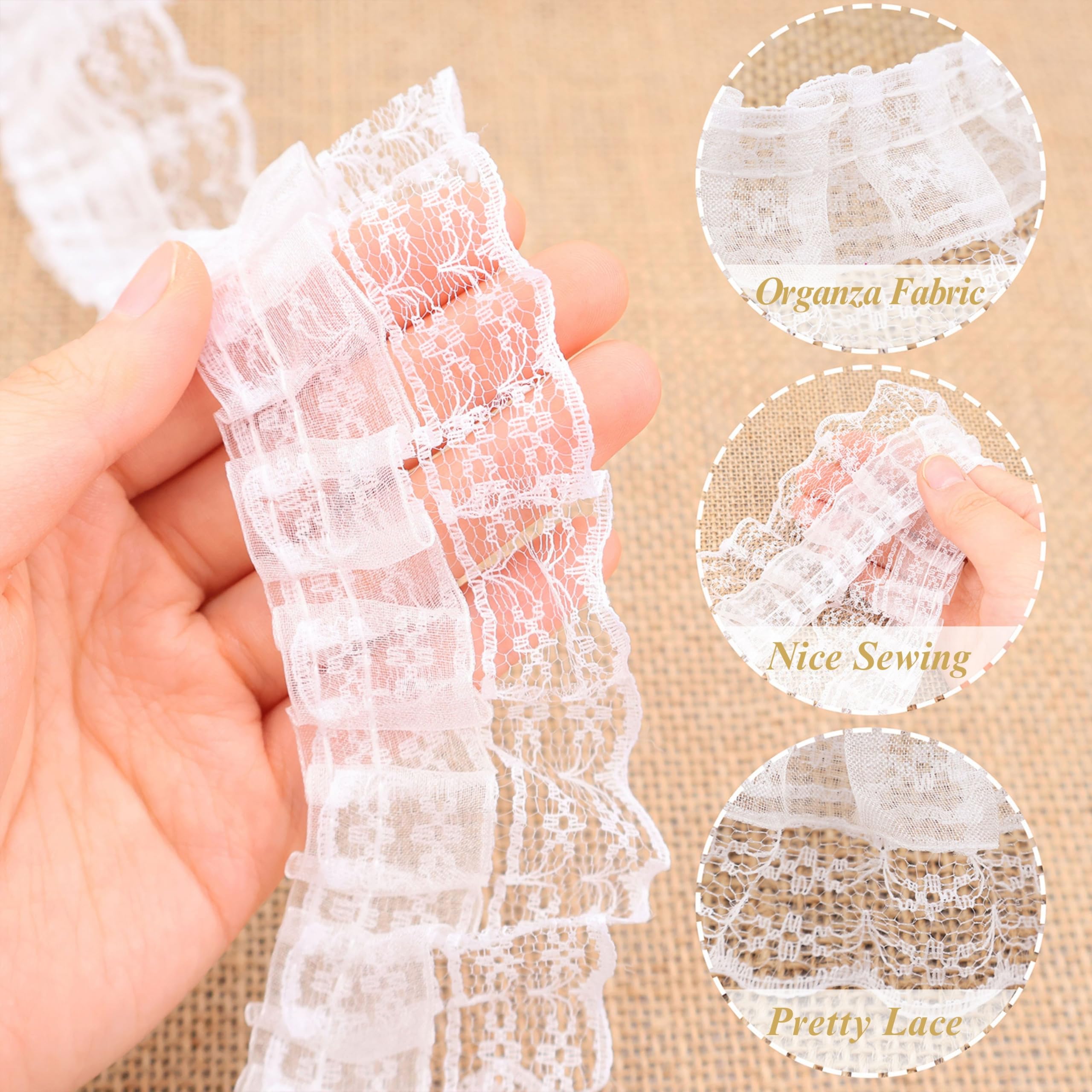 White Lace Ruffle Trim for Crafts 1-5/8"x5yd 2-Layer Pleated Edge Lace Ribbon