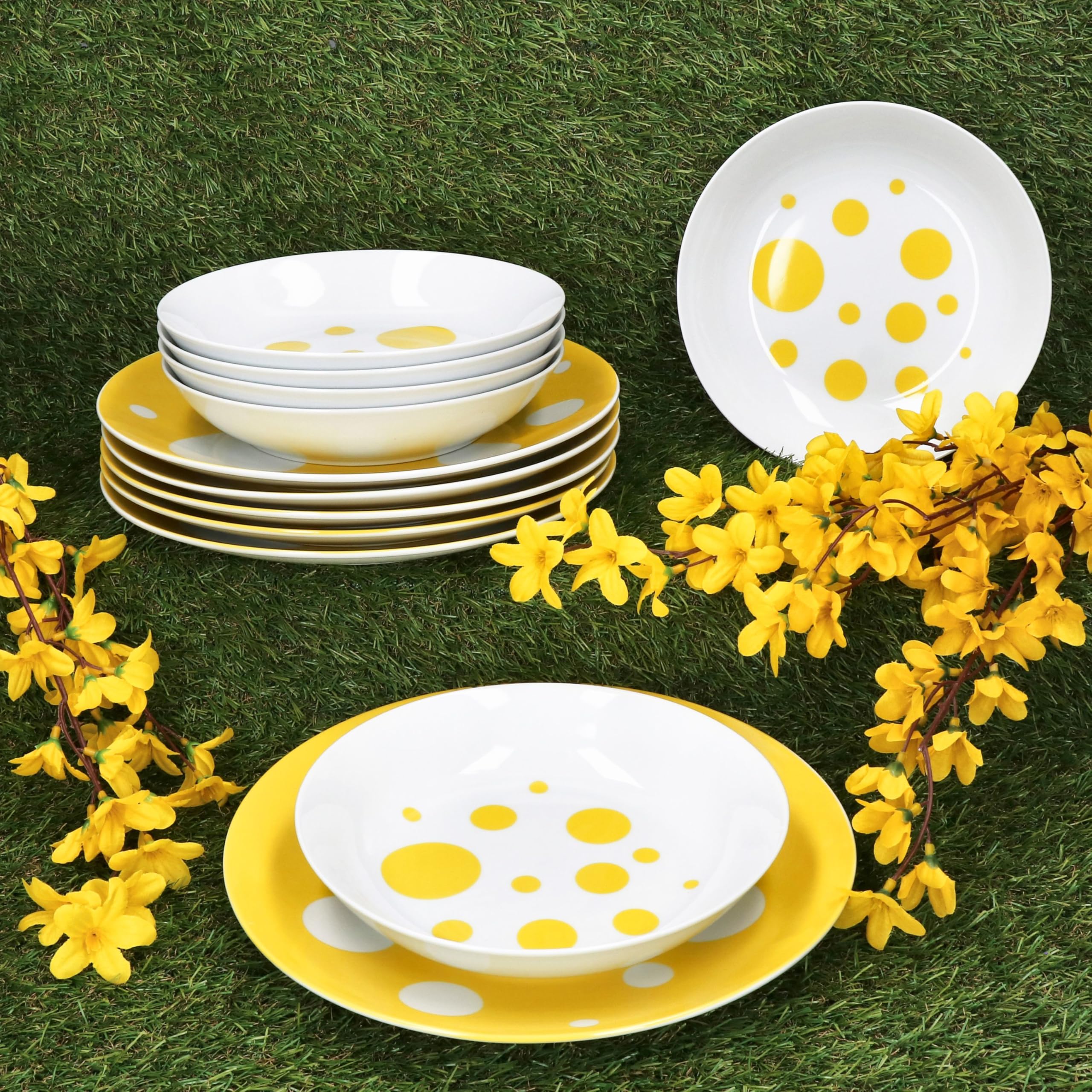 MamboCat Pula Service de table jaune 12 pièces I Vaisselle en porcelaine blanche à pois pour 6 personnes I 6 assiettes creuses & 6 assiettes plates pour petit-déjeuner, déjeuner et dîner