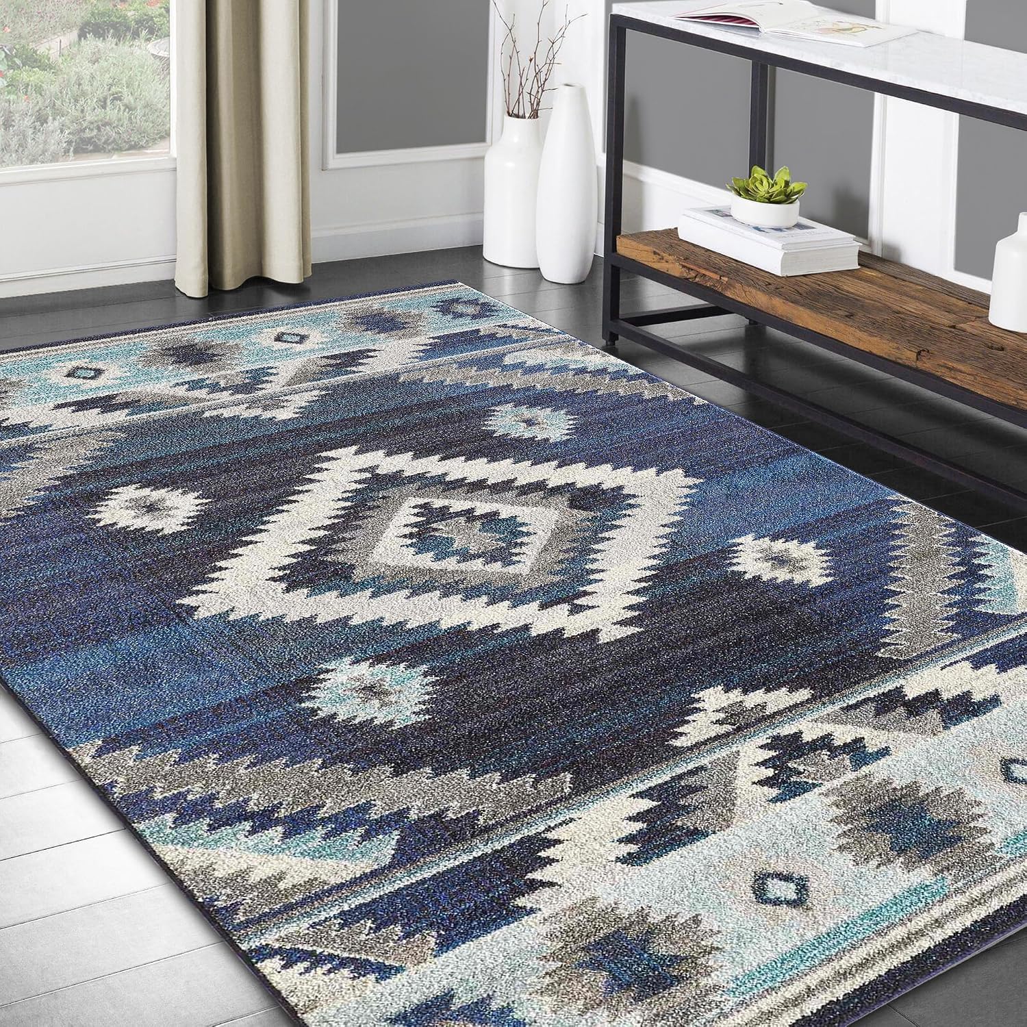 Handcraft Rugs-Southwestern Native American Modern/Faded Area Rug - Bone Gray/Navy Blue/Ivory/Aqua