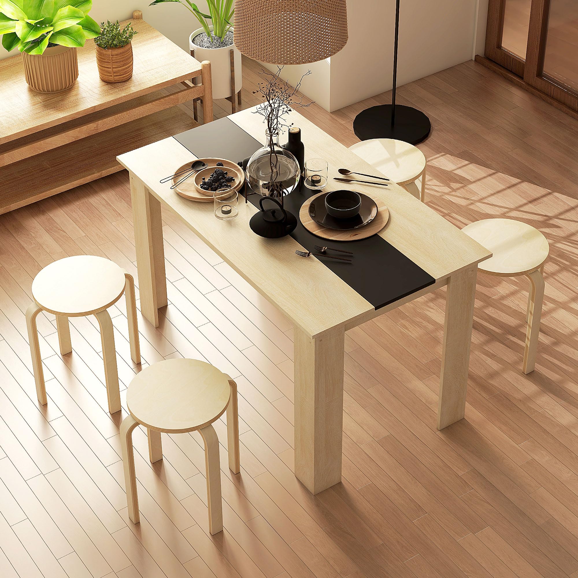 HOMCOM Taburetes Apilables Juego de 4 Taburetes Multiusos Madera Redondos Carga 120 kg para Cocina Salón Dormitorio Estudio Ø40x45 cm Madera Natural