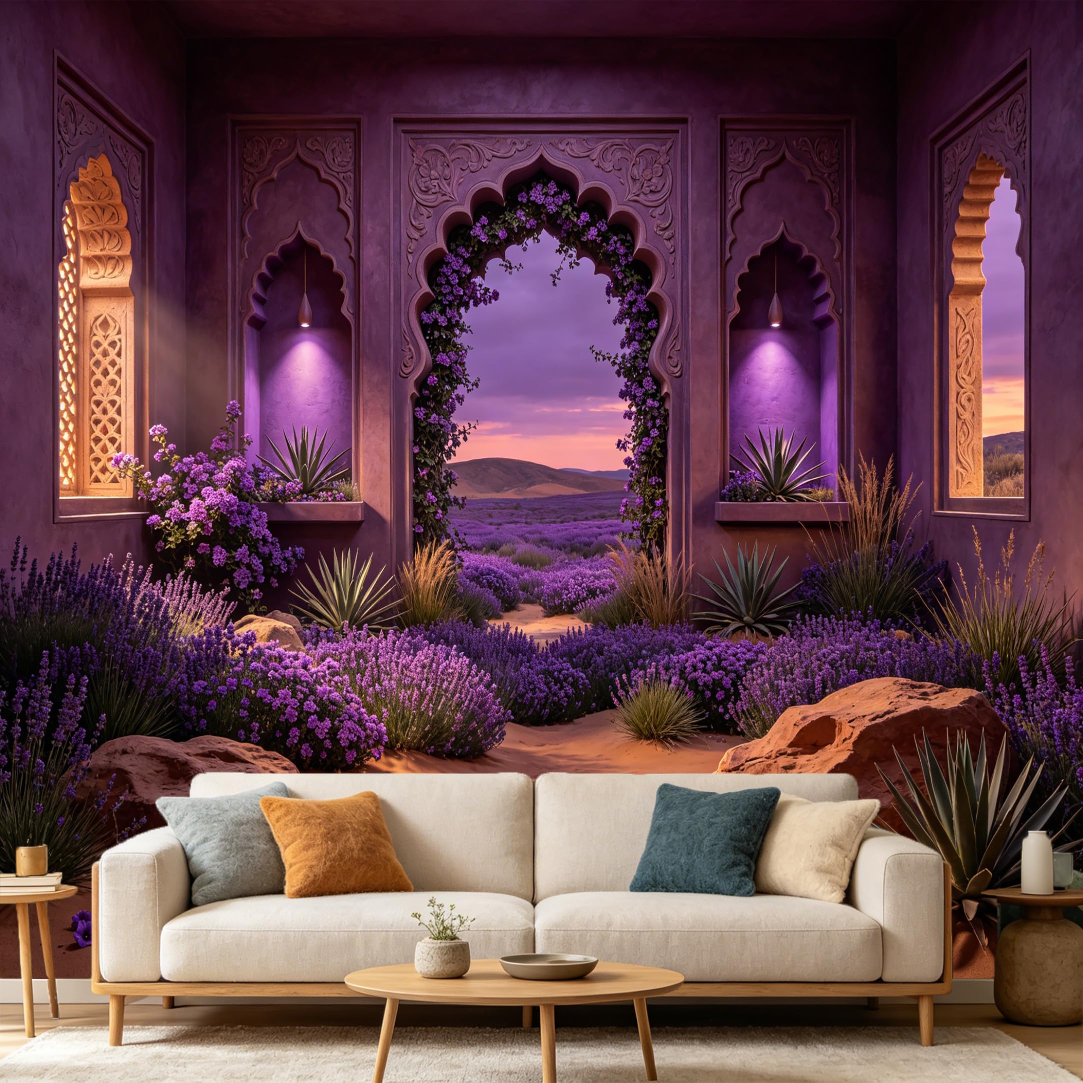 Custom Size Wall Mural， 3D Moroccan Archway Lavender Field Sunset Landscape， SelfAdhesive Art Prints wall Fabric Removable Large Wallpaper Home Living Room Decor
