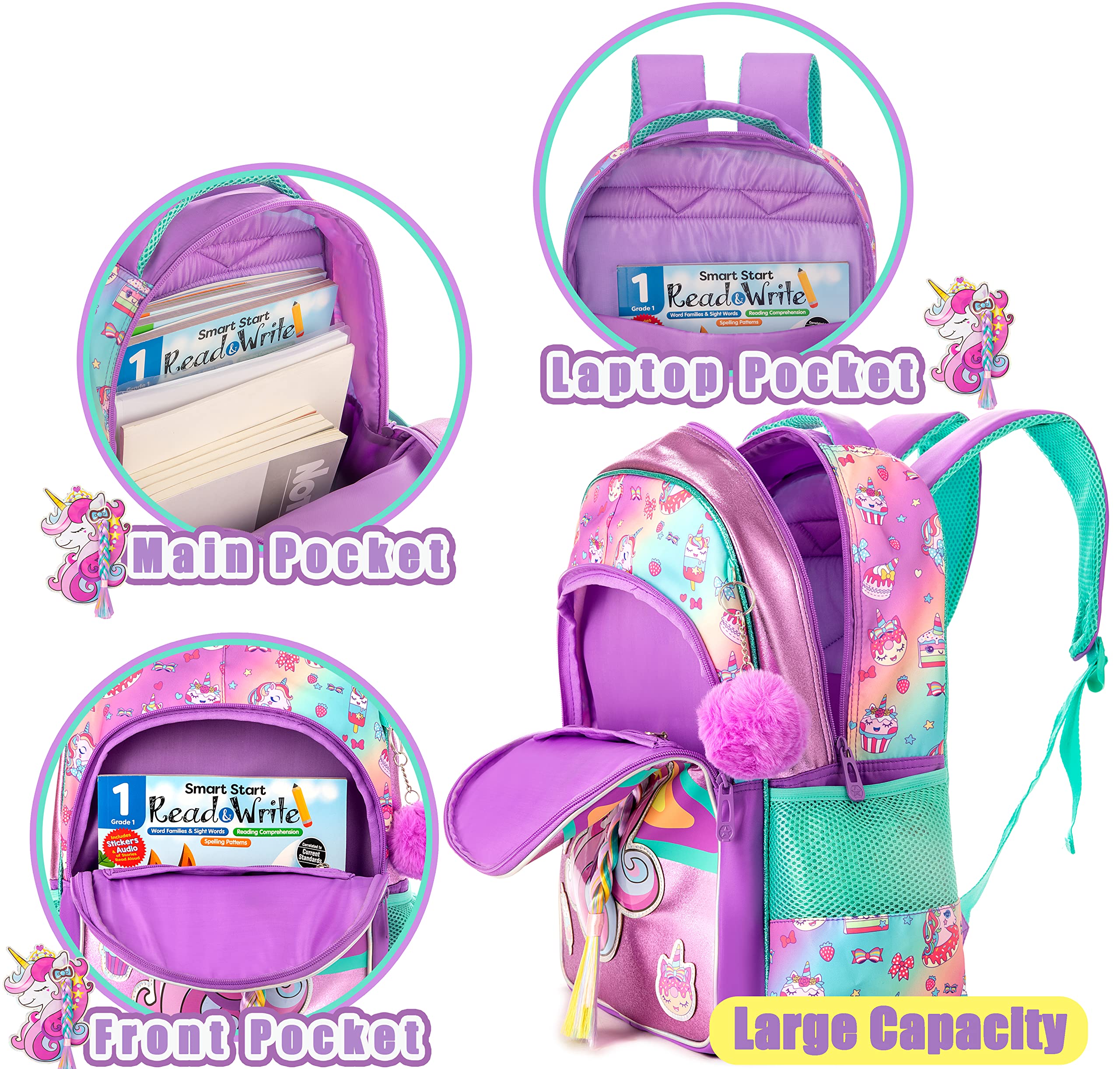 Meetbelify Niñas Unicornio Ruedas Mochila Mochilas Niños Equipaje para Primaria Preescolar Estudiantes Lindo Maleta Trolley Viaje Mochila con Ruedas con Fiambrera para Gi
