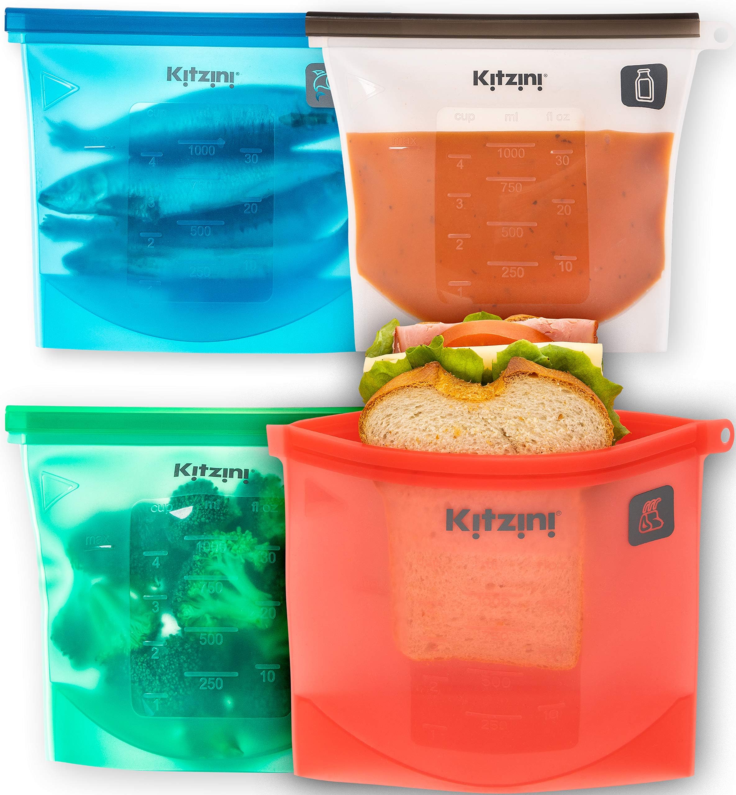 Reusable Food Bags - More Convenient and Cost Effective Than Plastic - 1 Litre Silicone Storage Bag - BPA Free, Hygienic and Leakproof - Safe to Use in Dishwasher, Microwave and Freezer - Set of 4