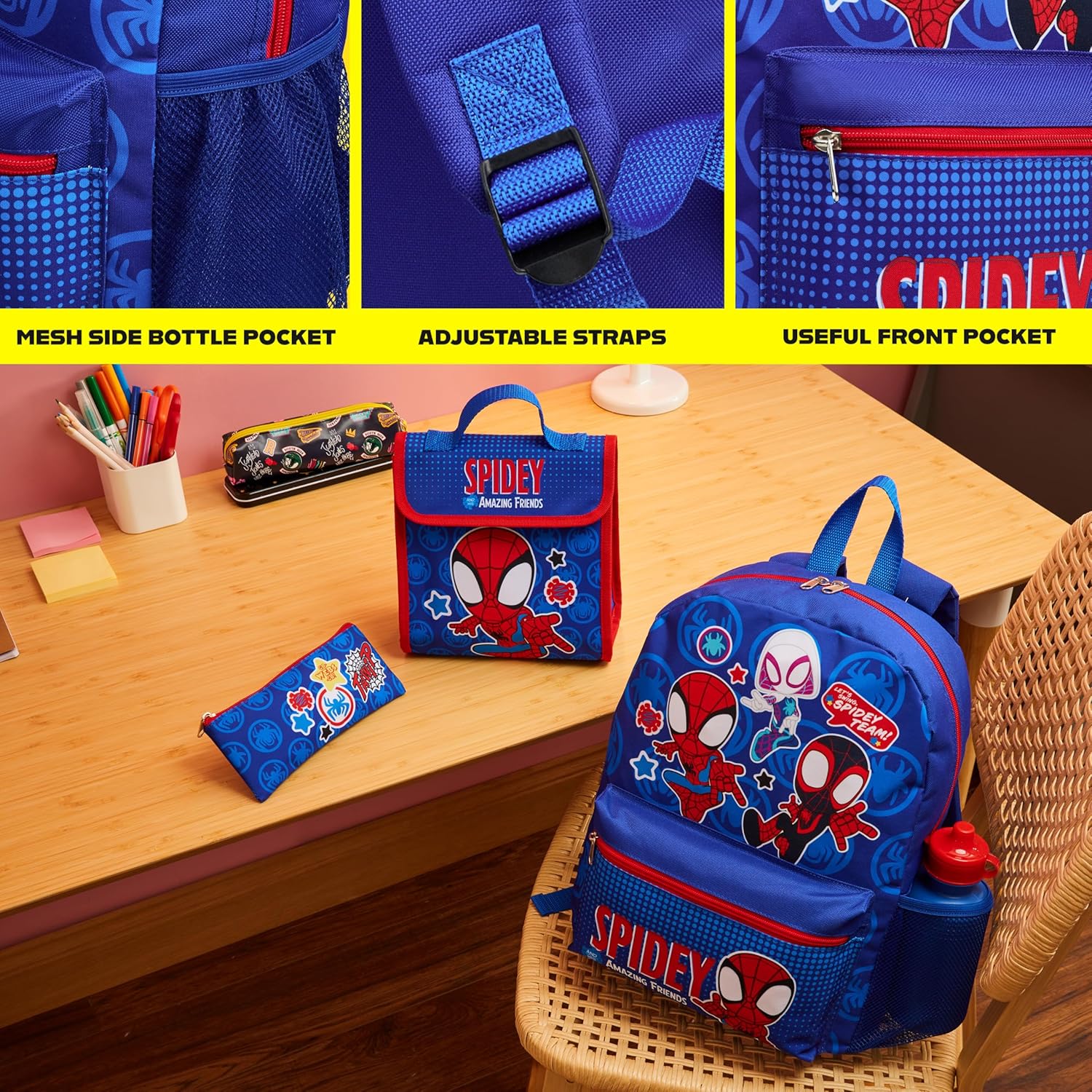 Marvel Spiderman Backpack Set 4 Pcs Water Bottle Pencil Case Lunch Bag or Wallet Key Ring School Supplies Gifts for Kids (Spidey) - Image 4