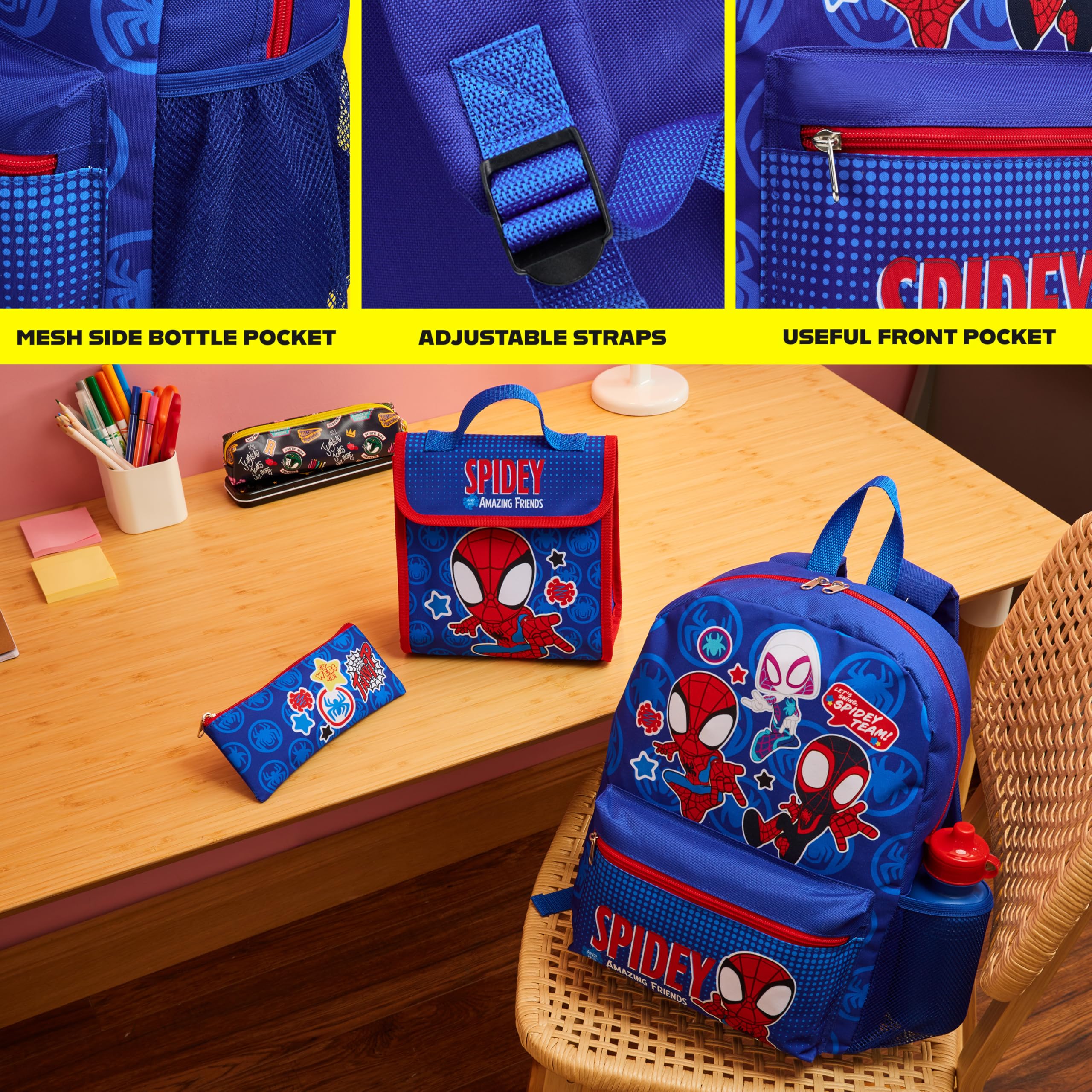 Marvel Spiderman Sac a Dos Enfant Set 4 Pcs Bouteille d'eau y Trousse Scolaire Sac a Lunch ou Portefeuille Porte-clés Cadeau Enfant (Spidey)