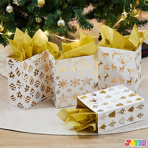 Miniatura 7 de JOYIN 6 bolsas de regalo con papel de seda, 8 x 4.5 x 10.5 pulgadas, bolsas de papel dorado de papel de Navidad, 6 diseños de impresiones de