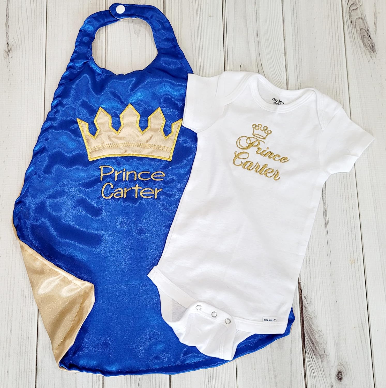 Newborn Infant baby boy royalty photo prop prince king royal blue gold crown onesie cape