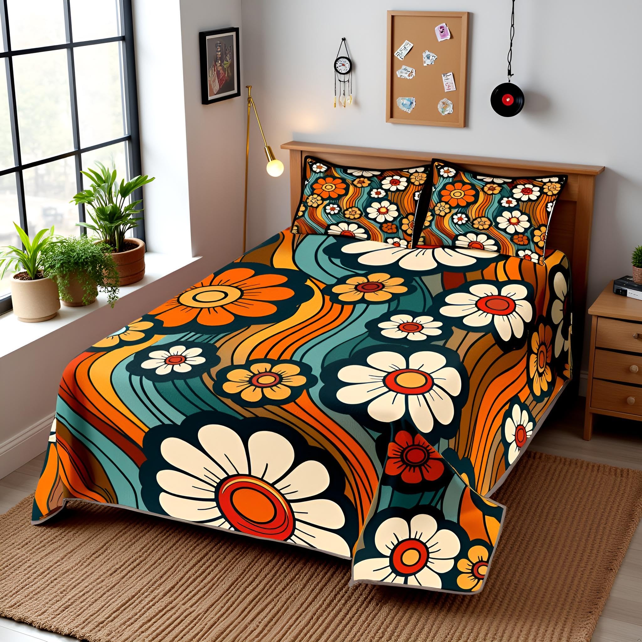 Couvre-lit groovy marguerite queen size boutis matelassé bohème retro