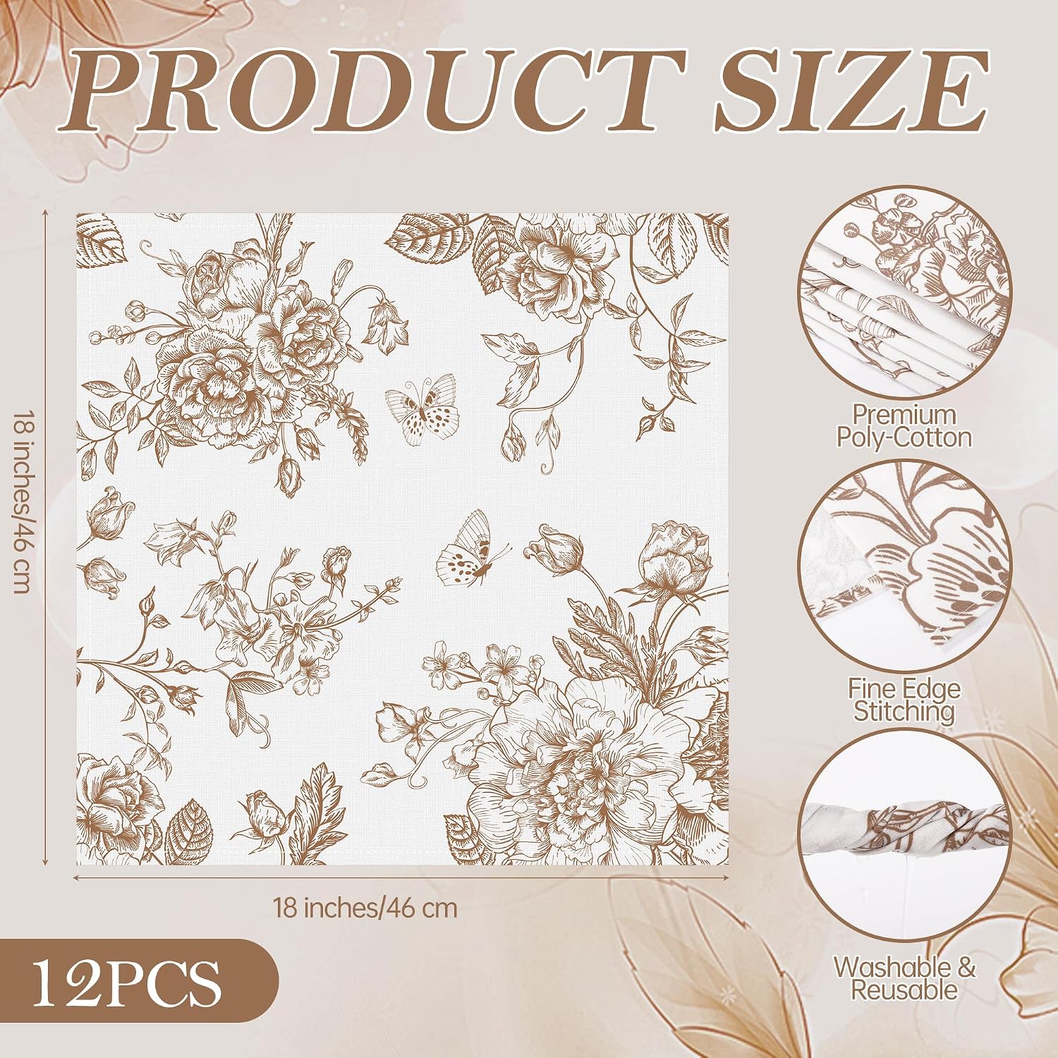 Kochorie 12 Pieces Fall Floral Cloth Napkins, 18 x 18 Inch Brown Reusable Soft Fabric Napkins, Autumn Table Dinner Napkin for Fall Thanksgiving Tea Party Holiday Home Kitchen Wedding Restaurant