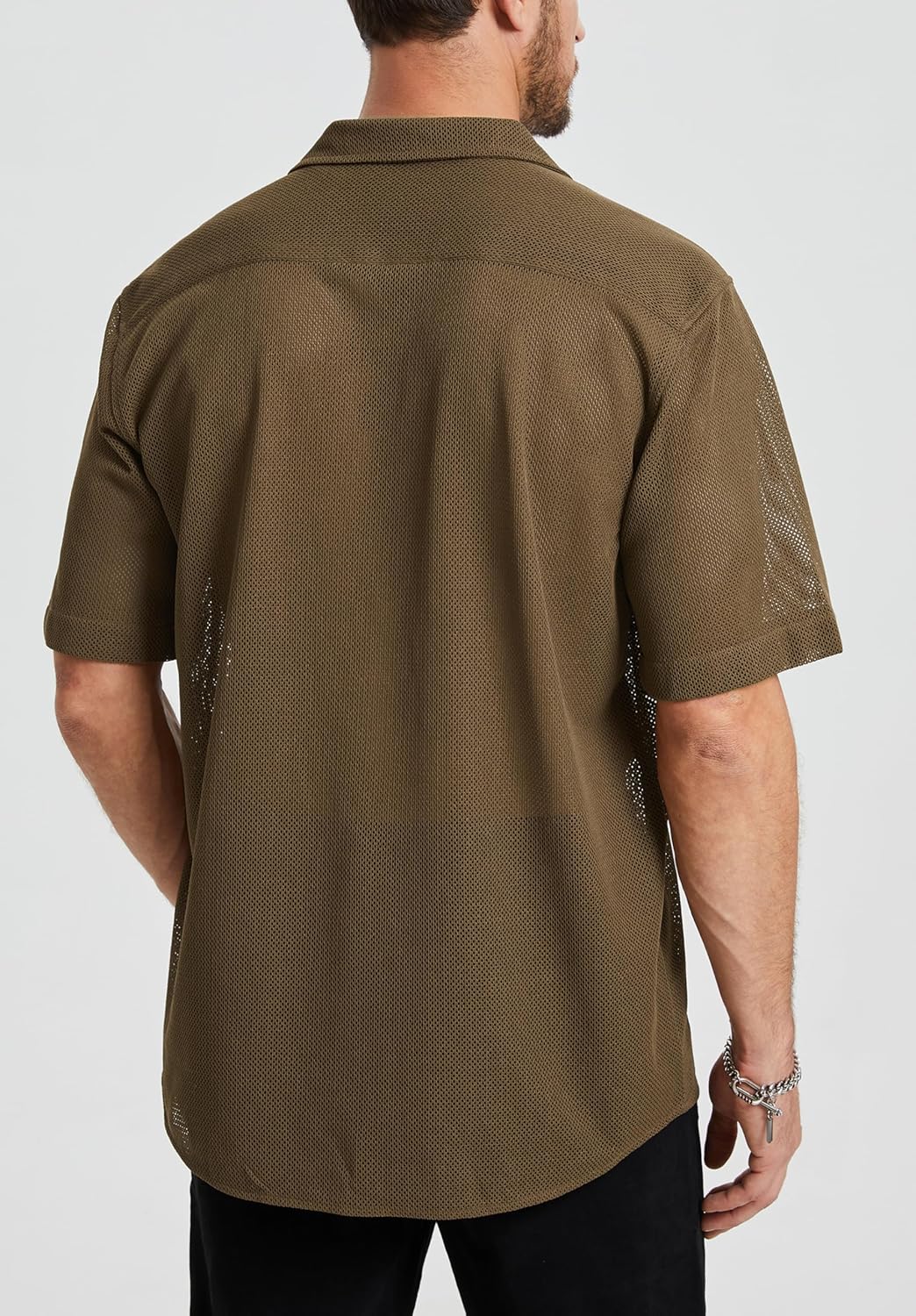 HISDERN Mens Summer Beach Shirts Casual See Through Sheer Lace Shirt Short Sleeve Button Down Mesh Shirt for Men - Image 5