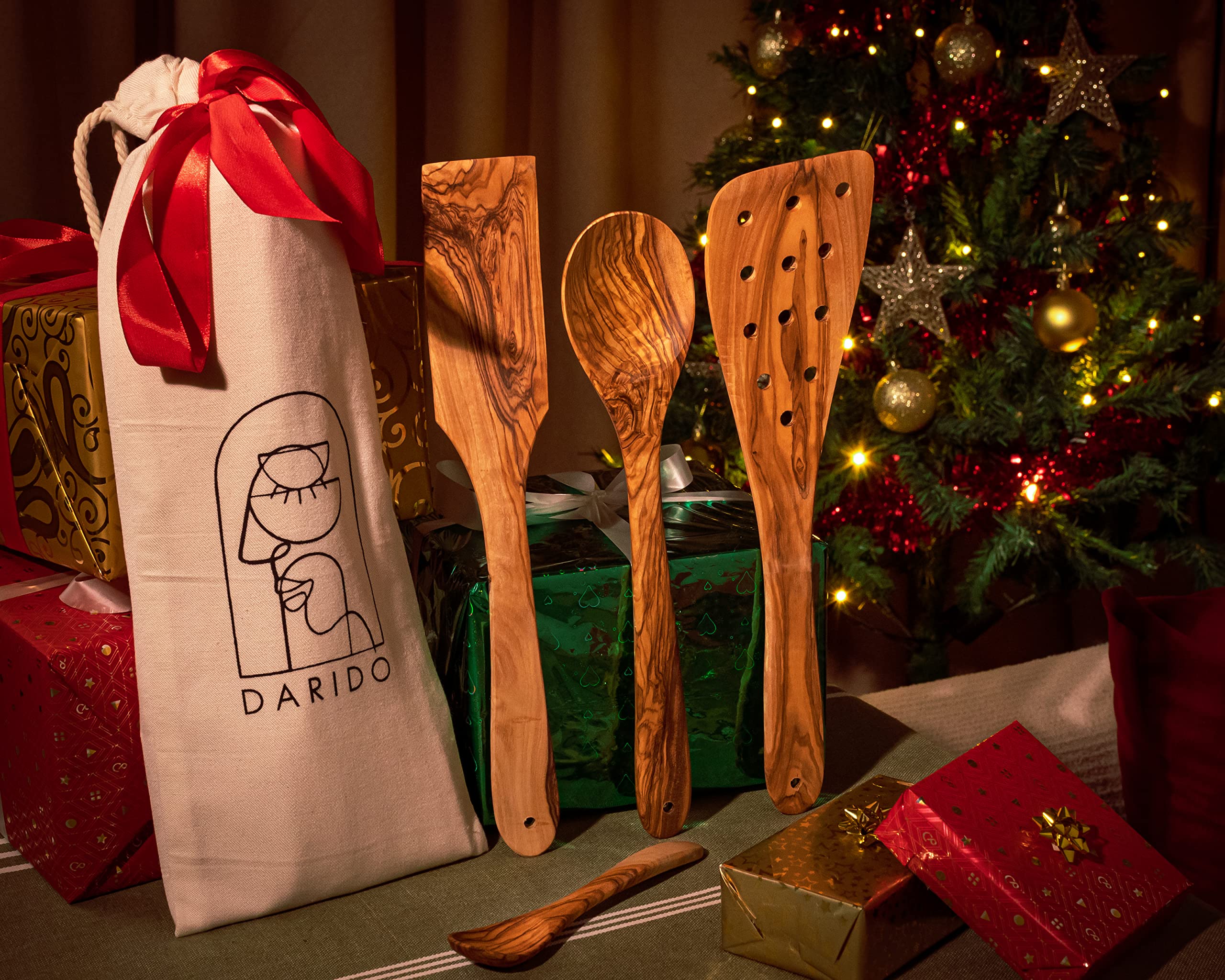 Set de 3 cucharas de cocina de madera de olivo Darido con cuchara extra pequeña - 30 cm - hecho a mano - resistente al calor - Utensilios - cuchara, espátula, espátula ranurada y cuchara pequeña