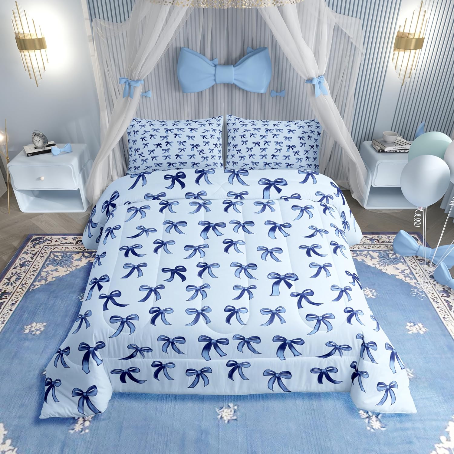 Erosebridal Bowknot Full Size Comforter Set, Kawaii Simple Bows Breathable Bed Set, Cute Cartoon Dreamy Printed Kids Teens Microfiber Down Comforter for Sofa Bedroom, Baby Blue Ribbon Duvet Insert