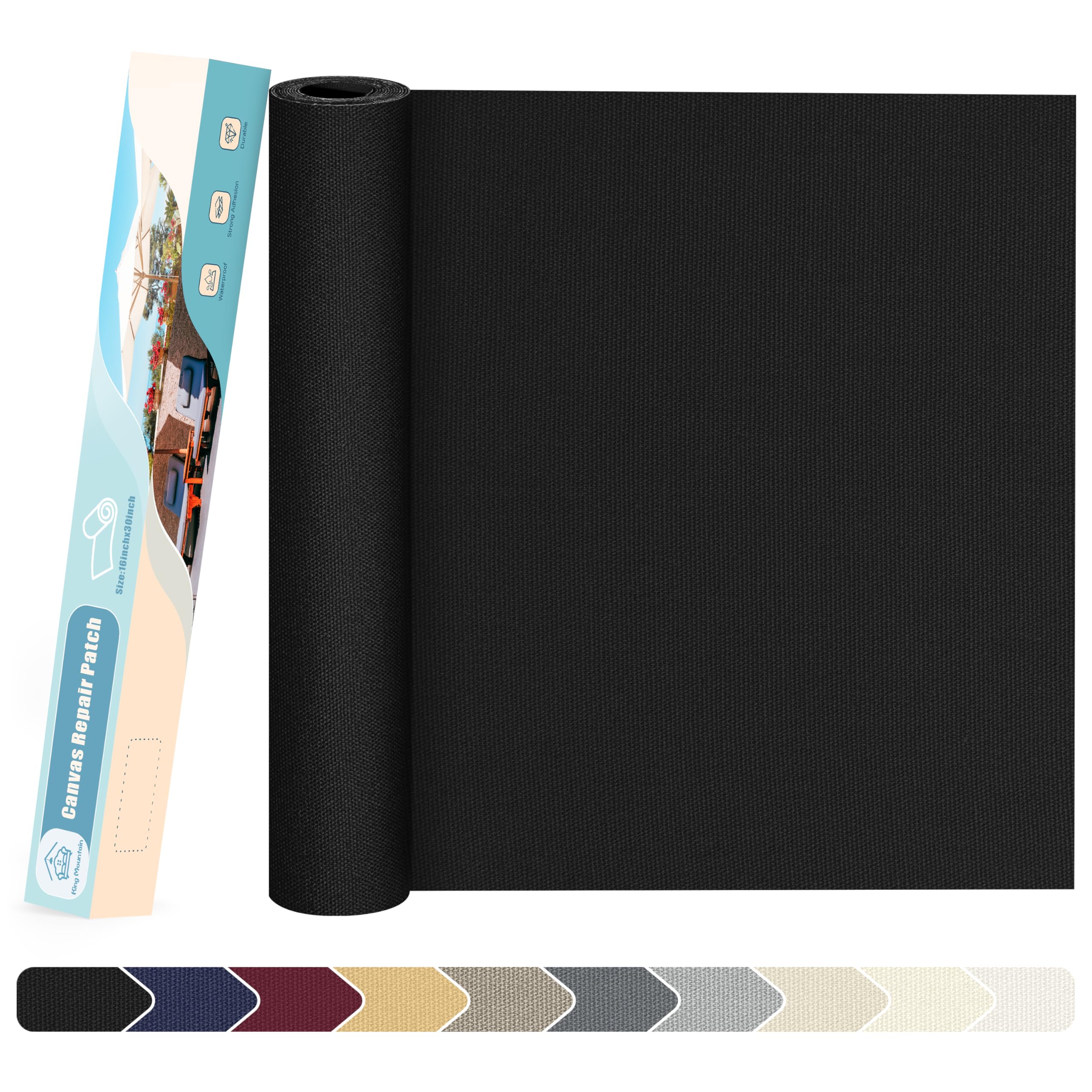 KING MOUNTAIN Canvas Repair Patch 16×30 Inch Self-Adhesive Waterproof Fabric Patch for Sofas, Tents, Furniture,Tote Bags, Car Seats (Black)