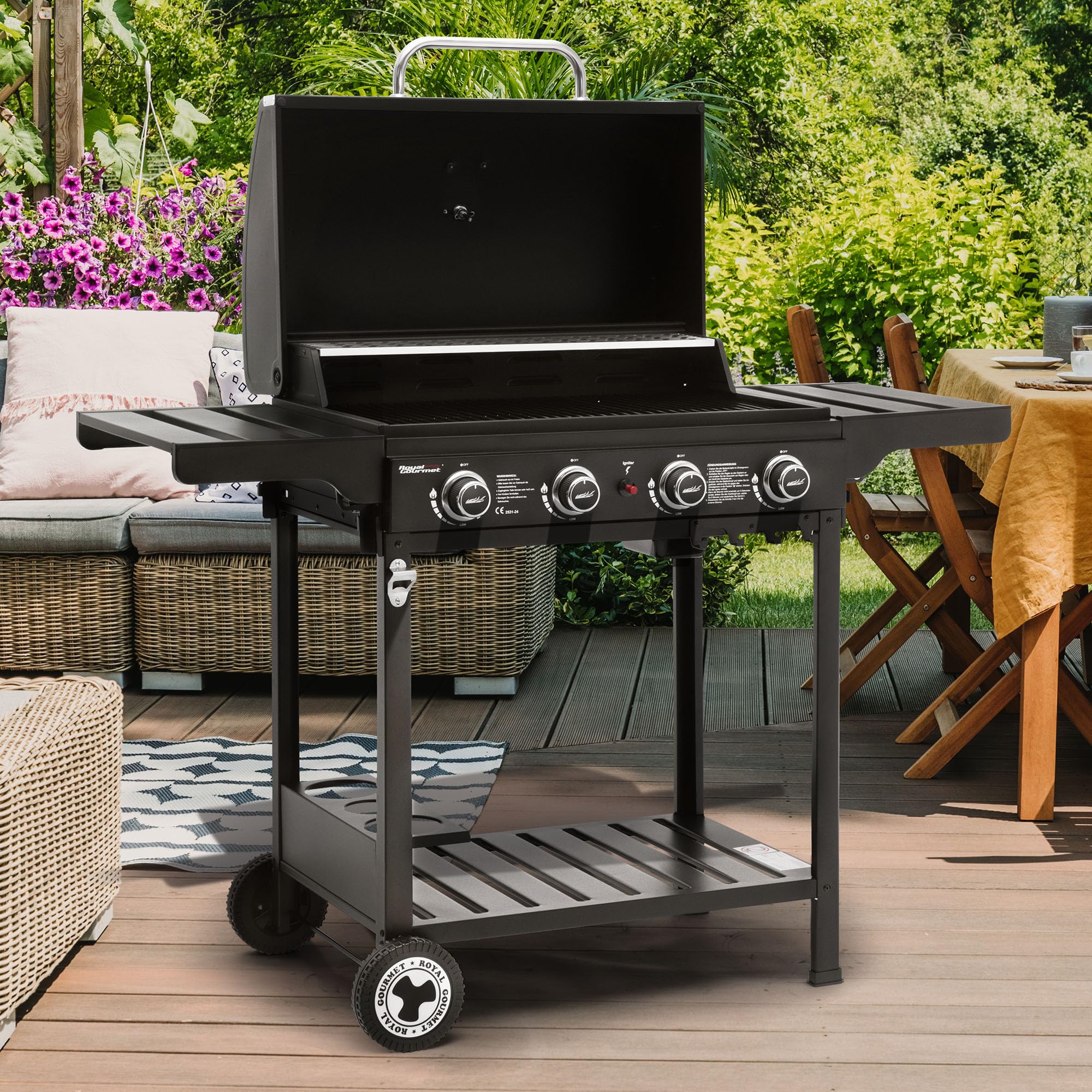 Royal Gourmet 4 Brenner Gas Grillwagen, 12 kW BBQ-Gasgrill mit Seitenablagen und Flascheregal, Campinggrill für Outdoor Garten Party Schwarz