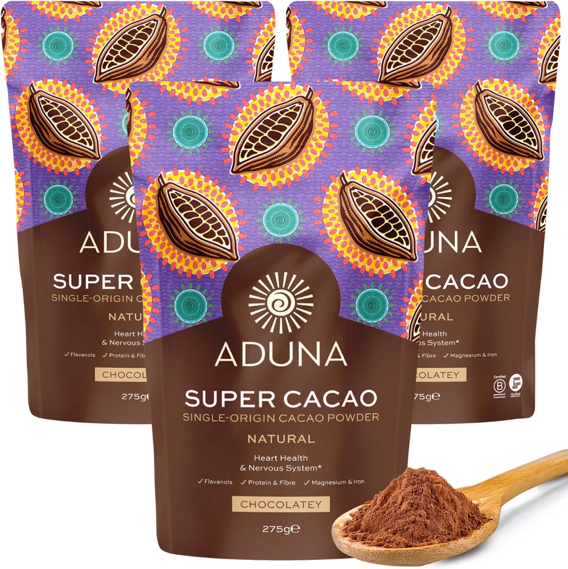 Aduna New Super-Cacao Powder | Natural Raw African Cacao Powder for Cardiovascular Health | Ghanaian Low Cadmium Cacao | 3x 275g Resealable and Recyclable Pack