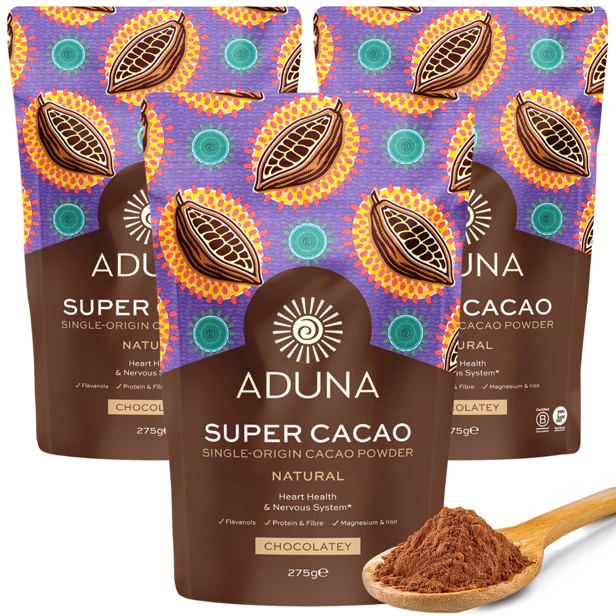 Aduna Super-Cacao Powder | 100% Natural Ghanaian Cacao for Heart Health & Energy Support | Natural Vegan Source of Magnesium, Flavanols & Iron | Superfood for Hot Choco, Smoothies, & Baking | 3 x 275g