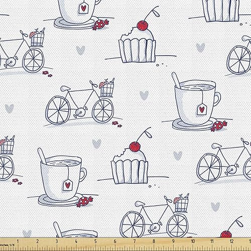 Ambesonne The Yard, tela para bocetos de The Yard, taza de té de bicicleta de crema de cupcakes, tela decorativa para tapicería y detalles del Azul