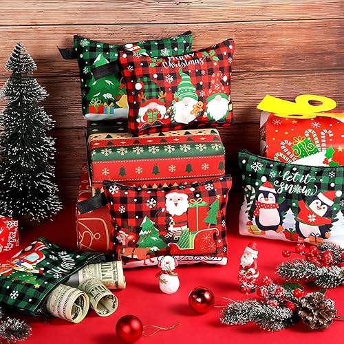 Miniatura 7 de Zonon Juego de 6 bolsas de maquillaje de lona de Navidad, pequeñas bolsas de cosméticos con cremallera portátil, bonita bolsa de estilo a cuadros,