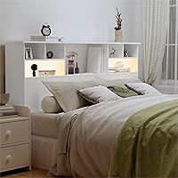 Vista 8 de Cabecera tamaño King solo para dormitorio, elegante cabecero de estantería King con estación de carga integrada y 2 luces LED, cabecera de madera