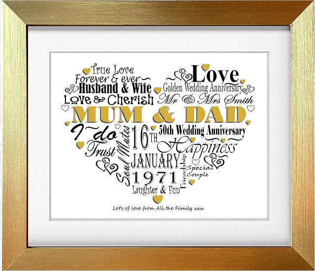 WishesCanComeTrue Personalised 50 years - 50th Wedding Anniversary - Golden Wedding Anniversary - for parents - A4 Print Poster mounted in a Brushed Gold frame.
