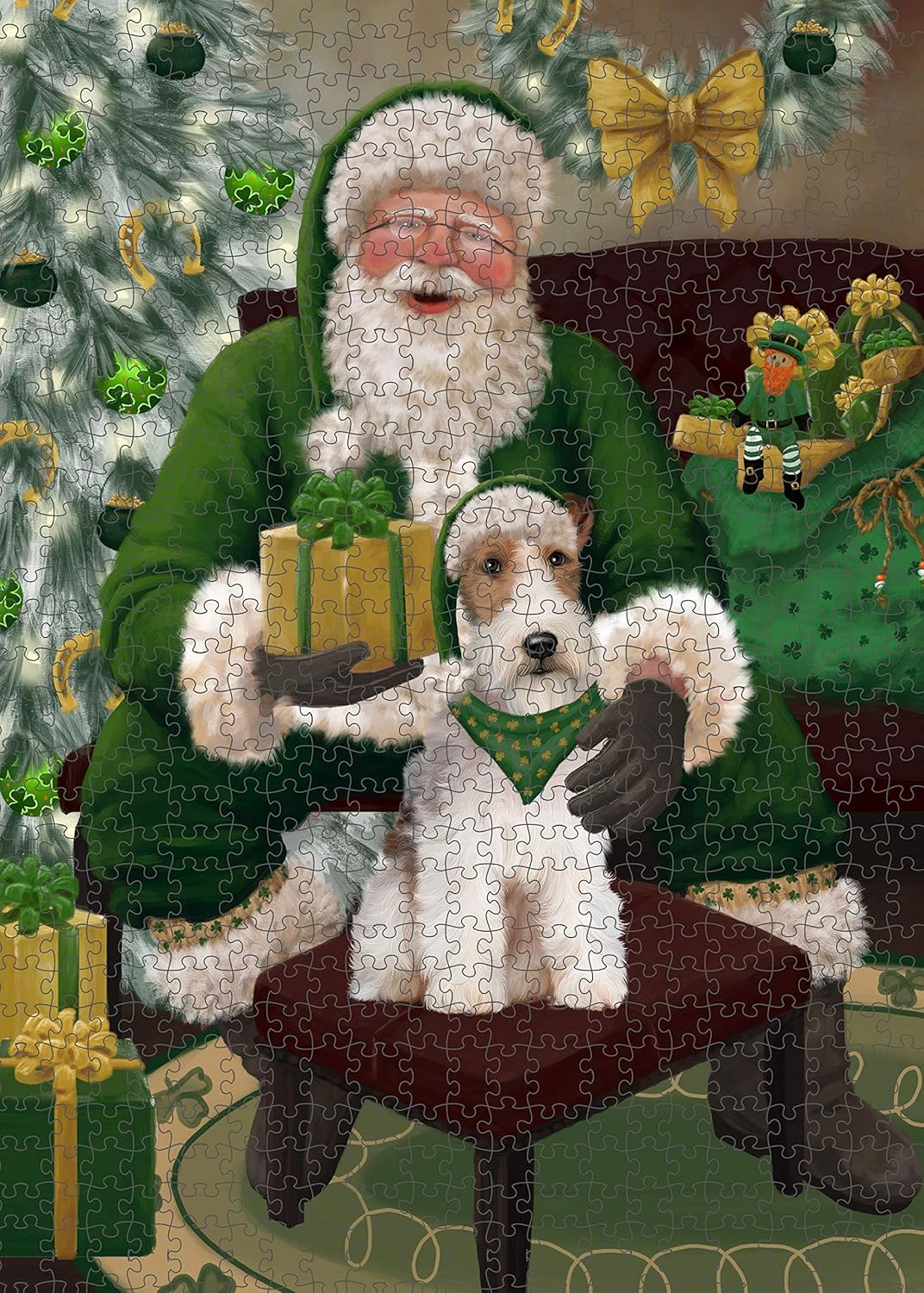 Christmas Irish Santa with Gift and Wire Fox Terrier Dog Jigsaw Puzzle for Adults - Animal Printed Interlocking Puzzle Game Artwork - Gift for Dog Lover's -1000 Pcs 29.5"x19.7", PZLE60073