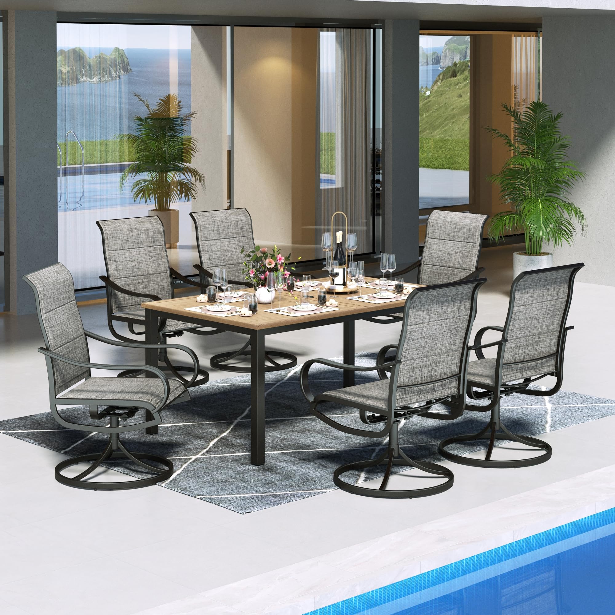 MFSTUDIO Outdoor Patio Dining Sets for 6, Outdoor Furniture Set Including 1 Rectangle Wood-Like Table and 6 Padded Sling Swivel Chairs, Deck Backyard Garden Table and Chairs Dining Set